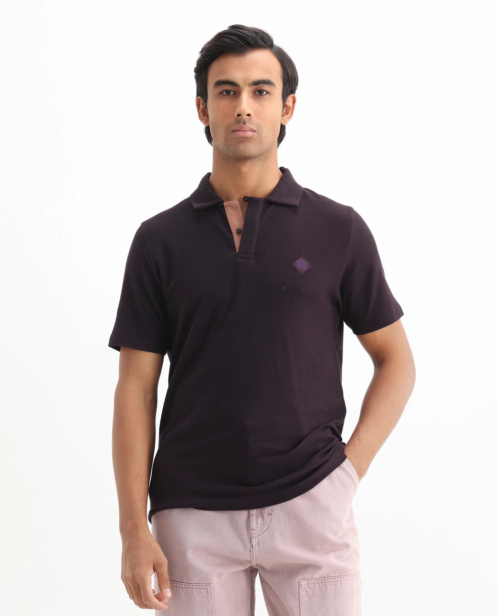 Rare Rabbit Men's Charles Dark Purple Cotton Plain Regular Fit Half Sleeve Polo - Image 3