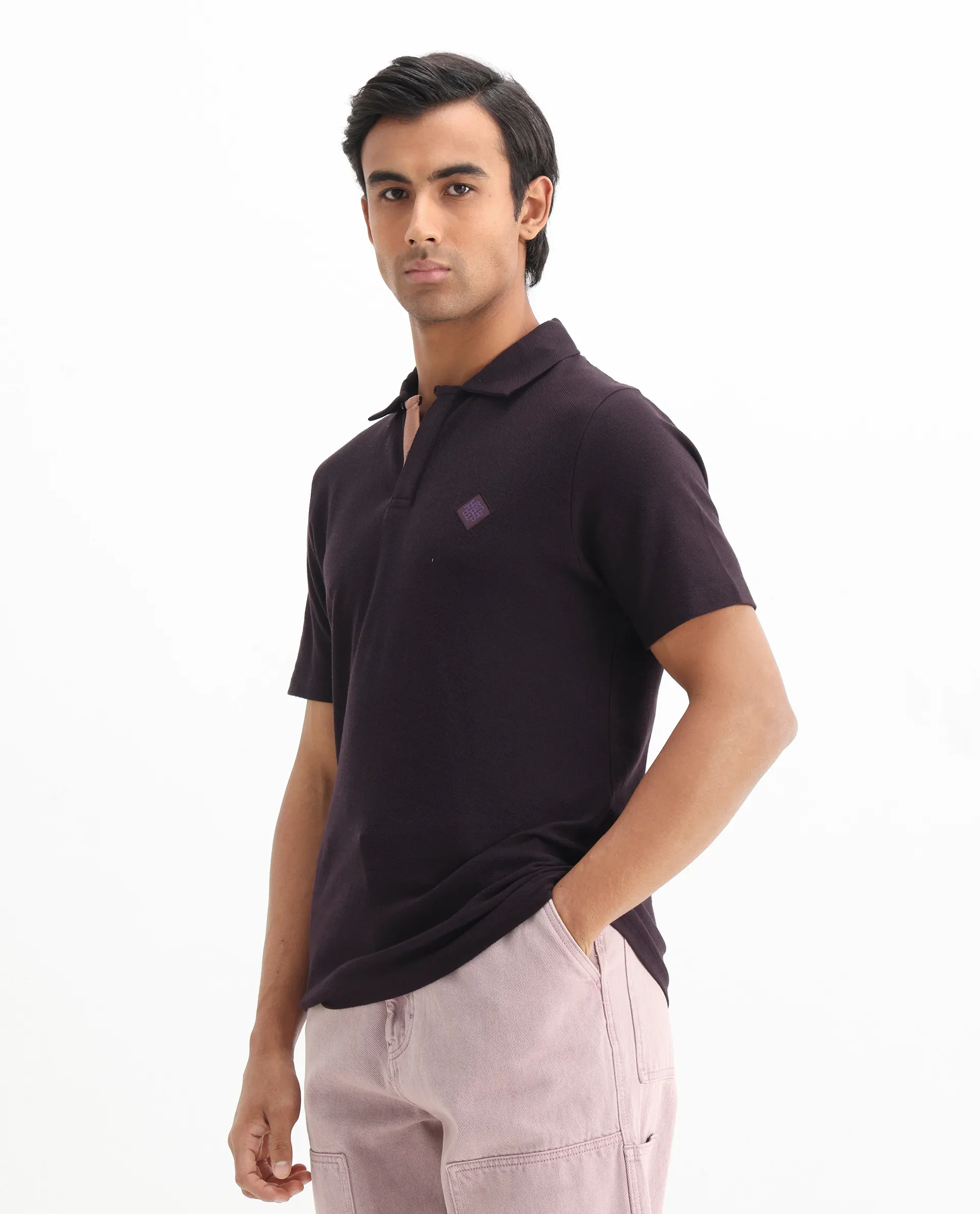 Rare Rabbit Men's Charles Dark Purple Cotton Plain Regular Fit Half Sleeve Polo - Image 7
