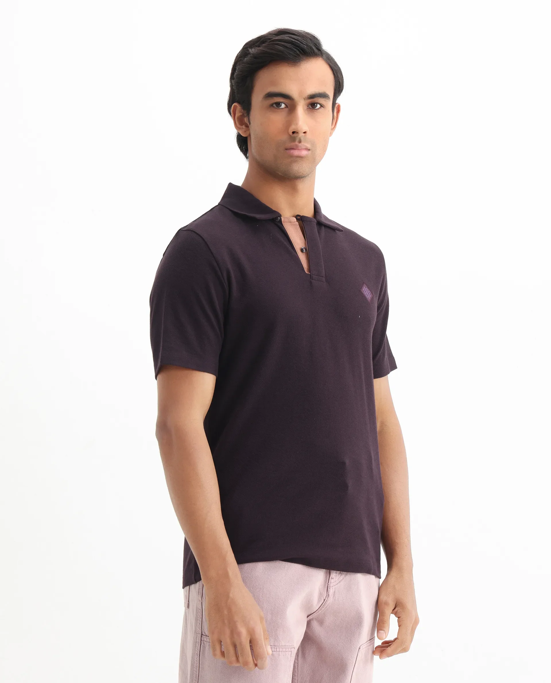 Rare Rabbit Men's Charles Dark Purple Cotton Plain Regular Fit Half Sleeve Polo - Image 8