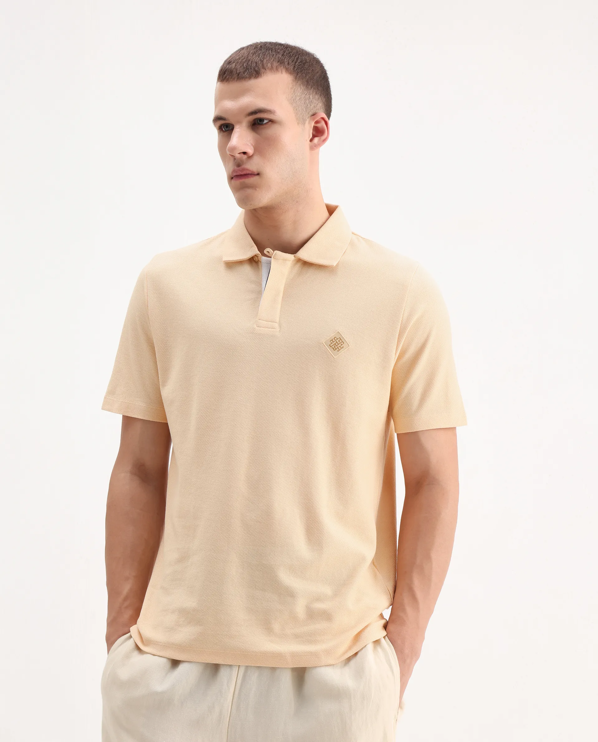 Rare Rabbit Men's Charles Light Yellow Cotton Plain Regular Fit Half Sleeve Polo - Image 4
