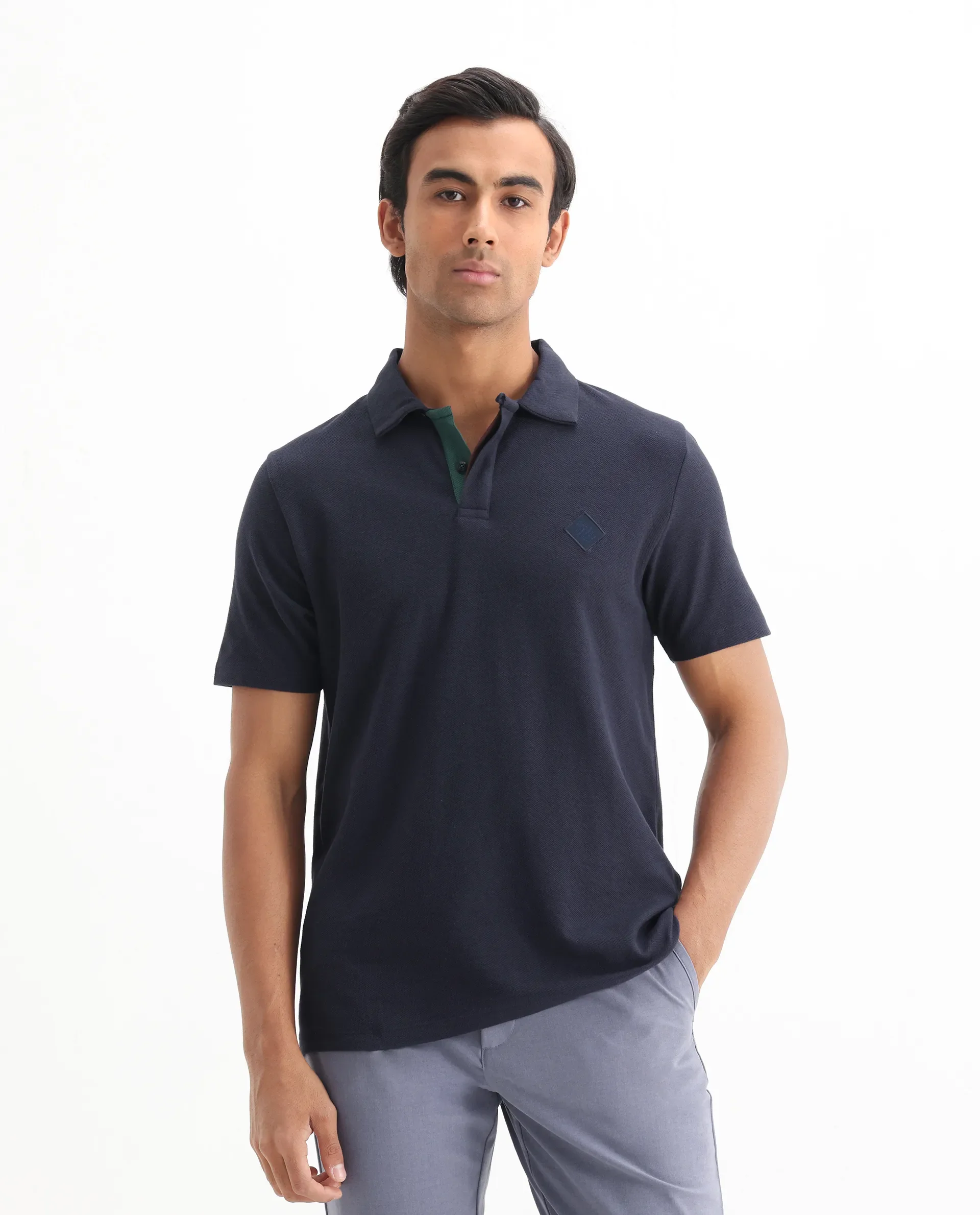 Rare Rabbit Men's Charles Navy Cotton Plain Regular Fit Half Sleeve Polo - Image 3