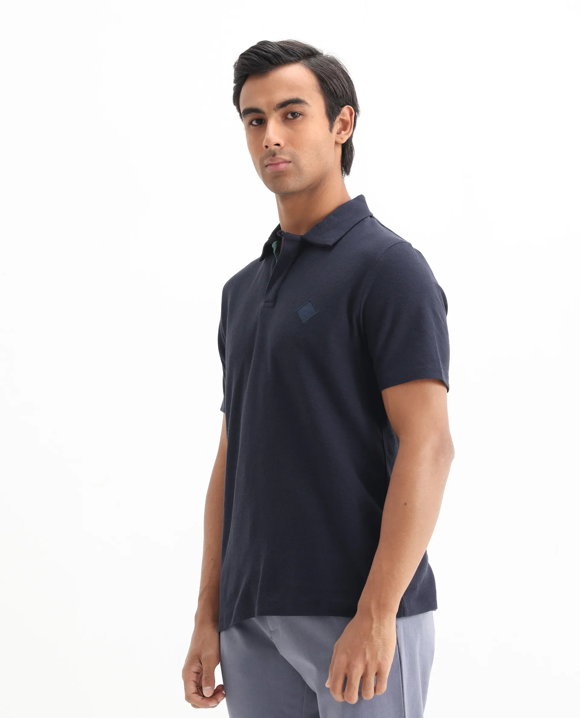 Rare Rabbit Men's Charles Navy Cotton Plain Regular Fit Half Sleeve Polo - Image 7