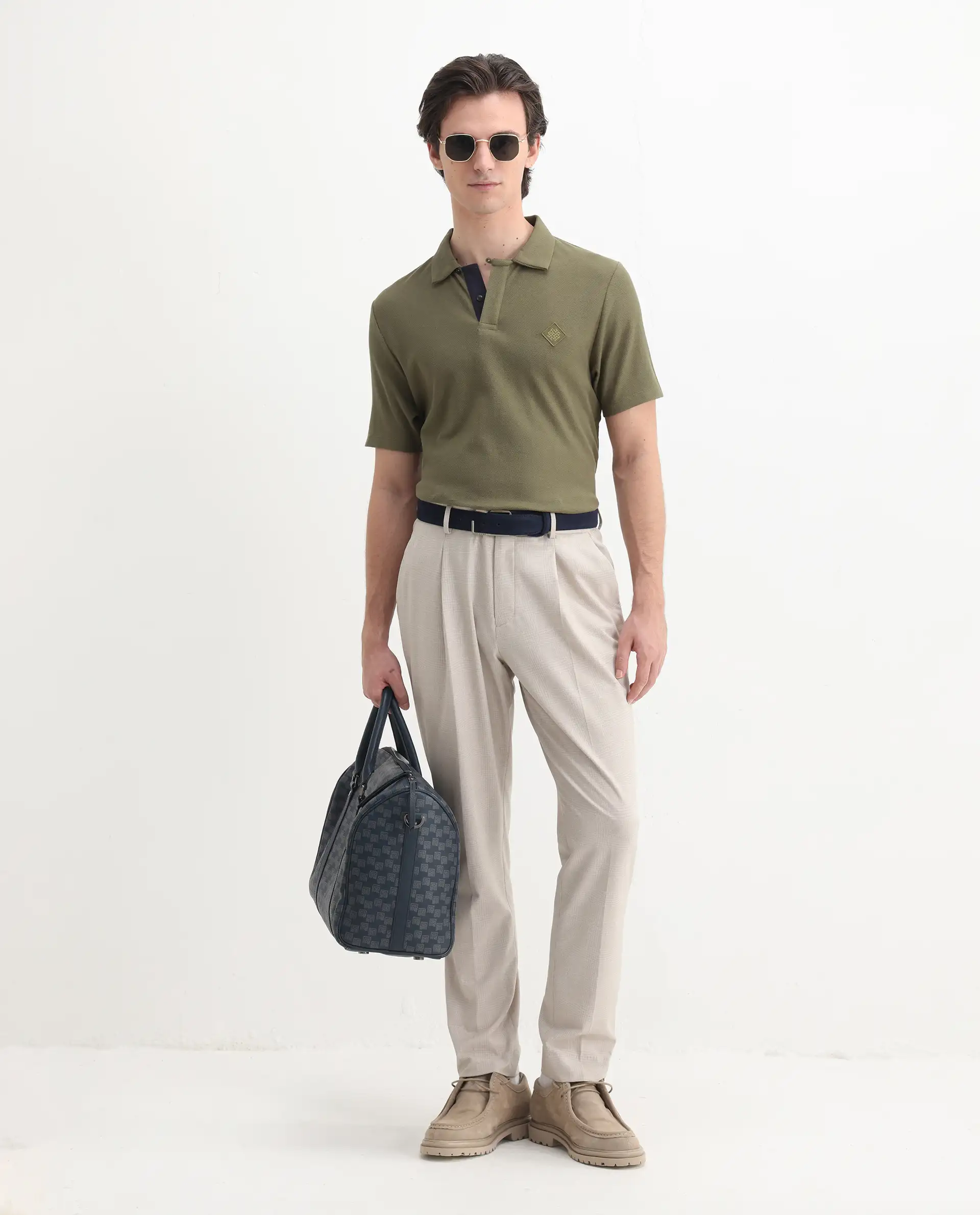 Rare Rabbit Men's Charles Olive Cotton Plain Regular Fit Half Sleeve Polo - Image 2