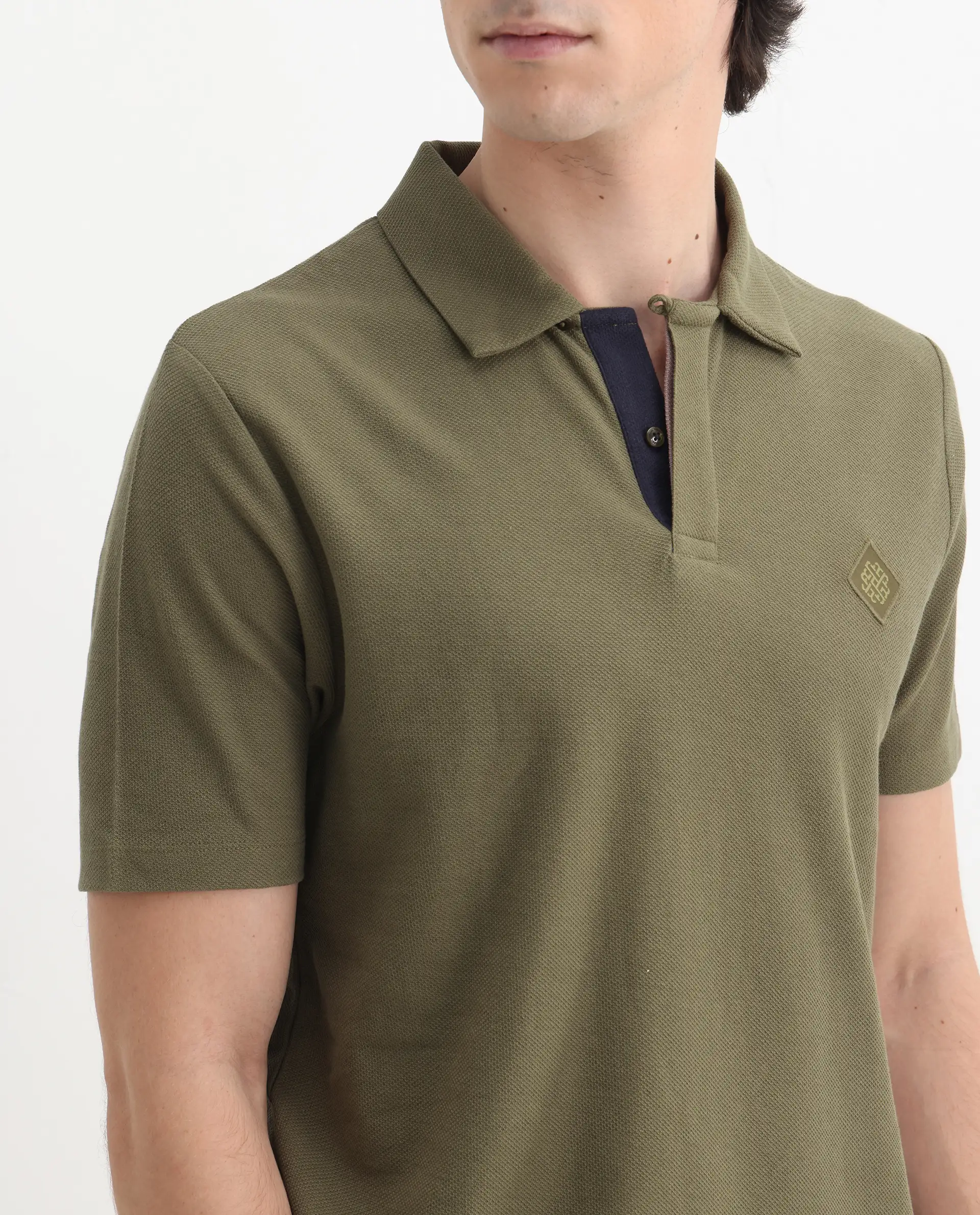 Rare Rabbit Men's Charles Olive Cotton Plain Regular Fit Half Sleeve Polo - Image 3