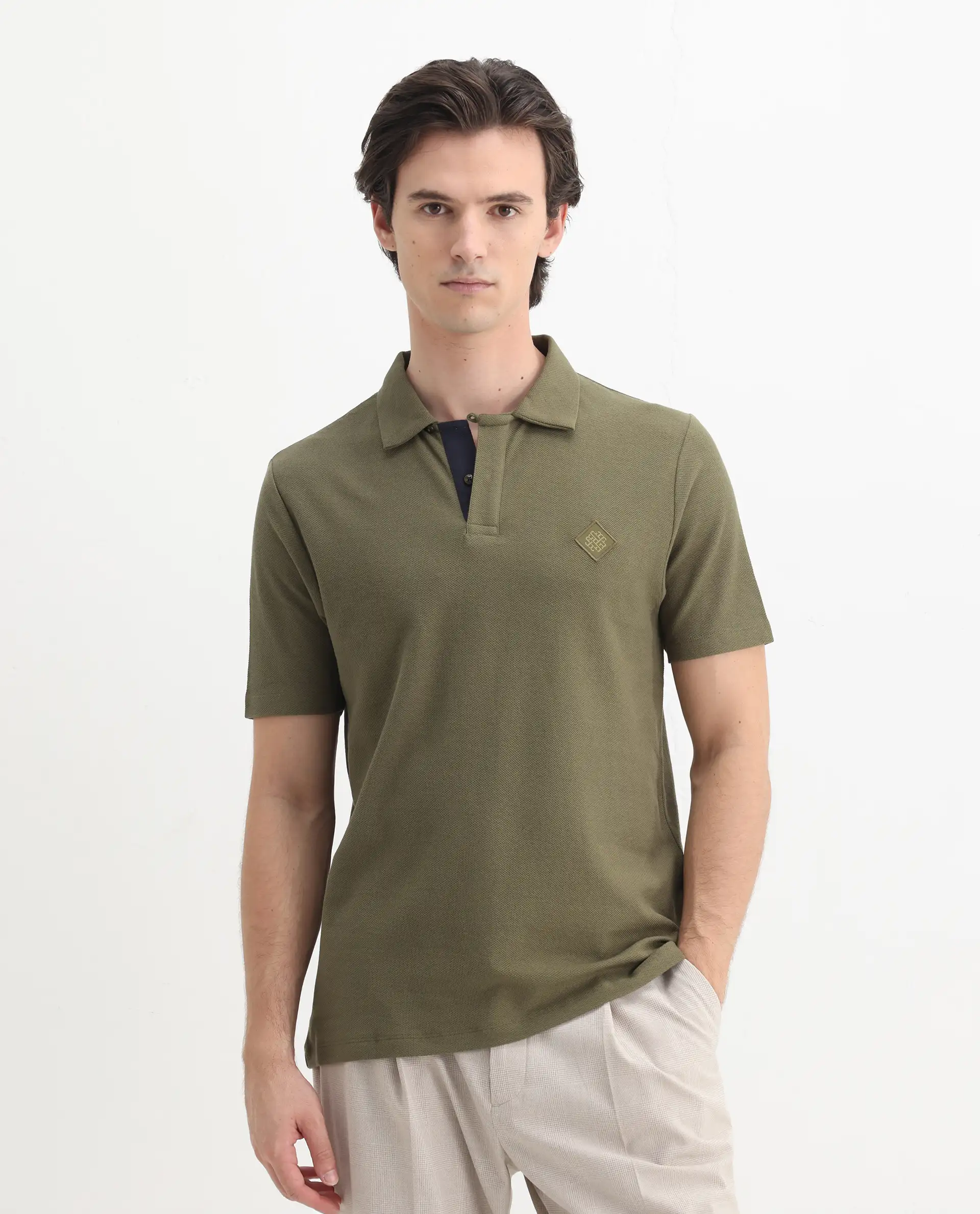 Rare Rabbit Men's Charles Olive Cotton Plain Regular Fit Half Sleeve Polo - Image 4
