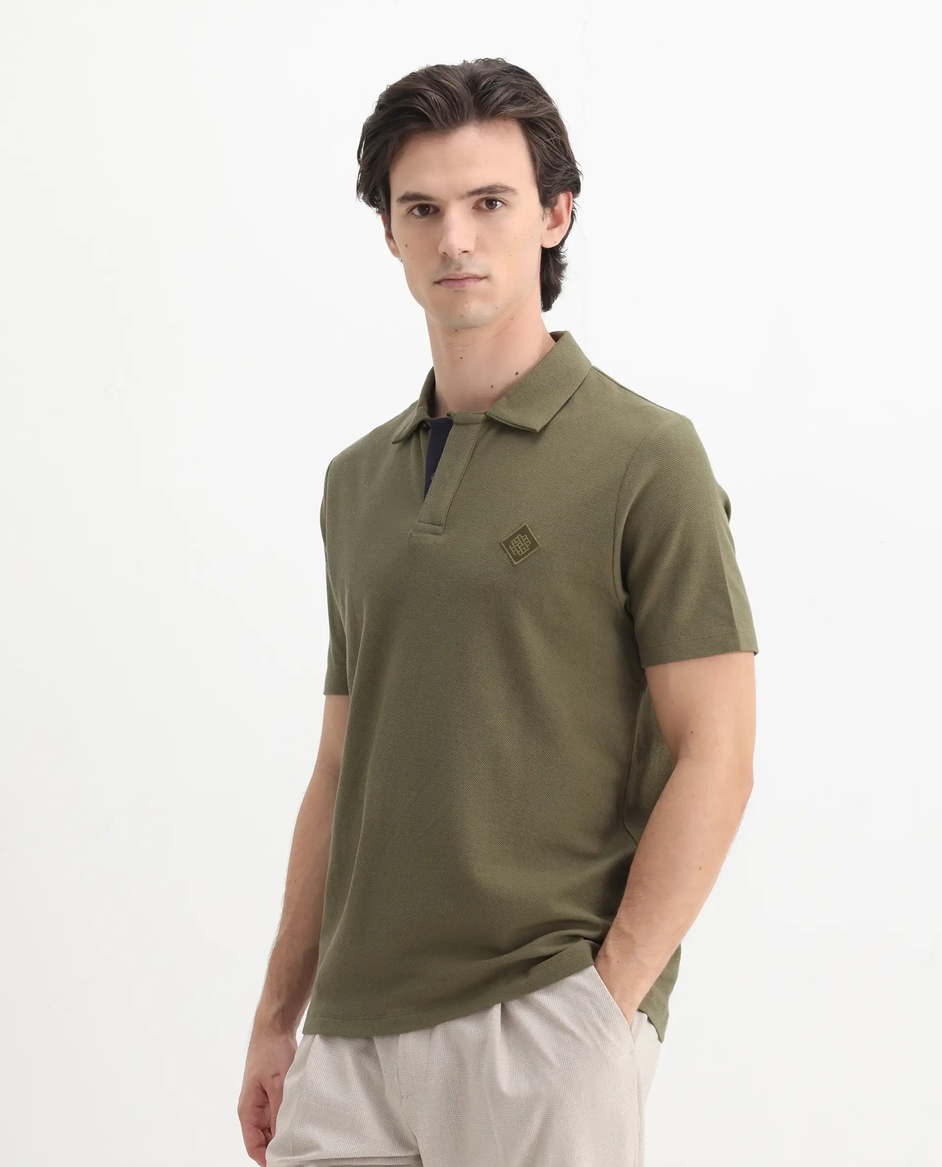 Rare Rabbit Men's Charles Olive Cotton Plain Regular Fit Half Sleeve Polo - Image 5