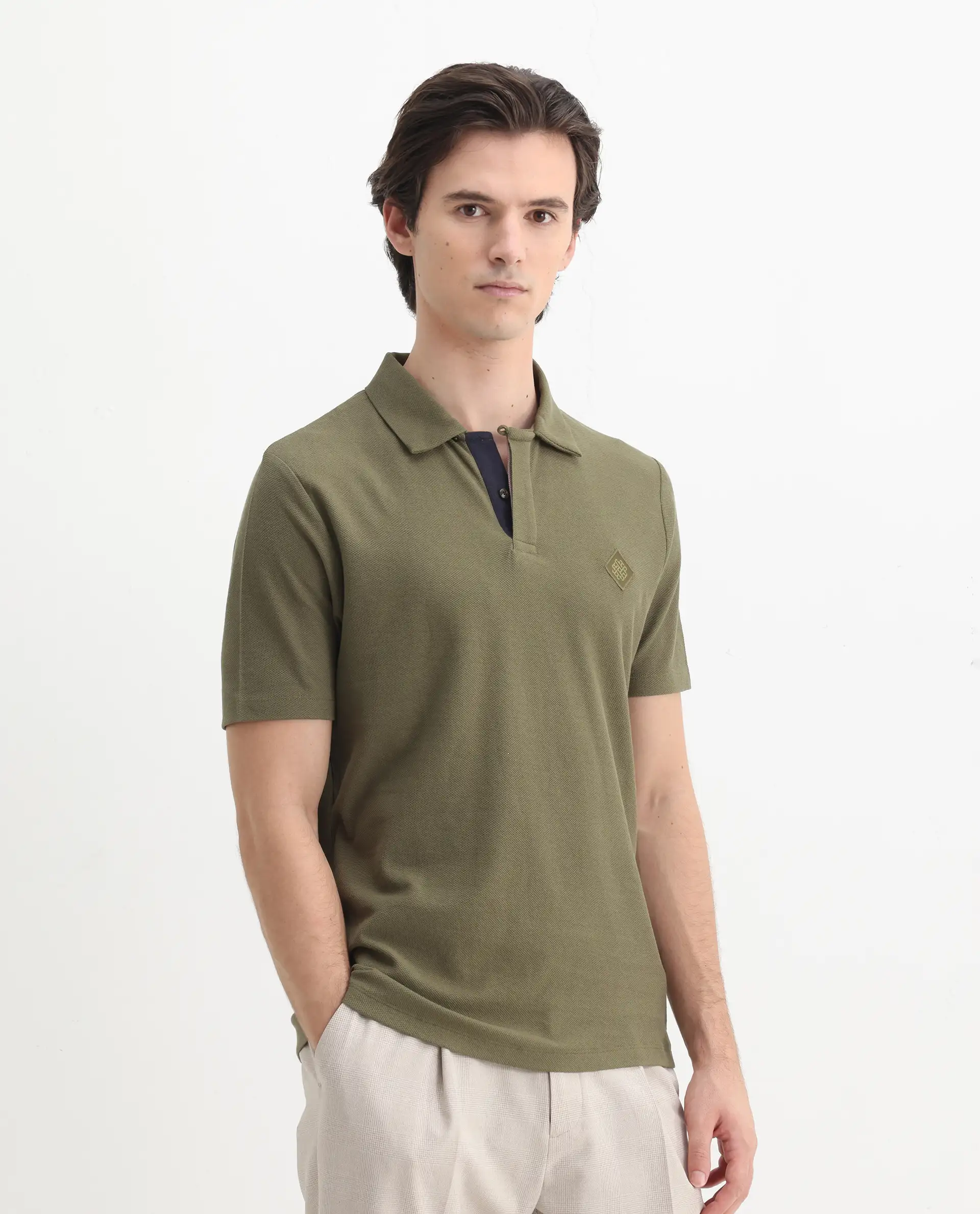 Rare Rabbit Men's Charles Olive Cotton Plain Regular Fit Half Sleeve Polo - Image 6