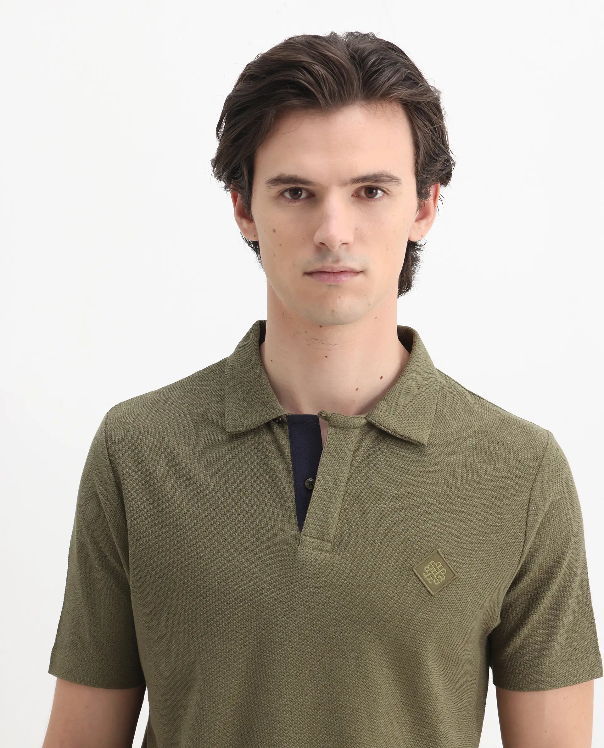Rare Rabbit Men's Charles Olive Cotton Plain Regular Fit Half Sleeve Polo - Image 7