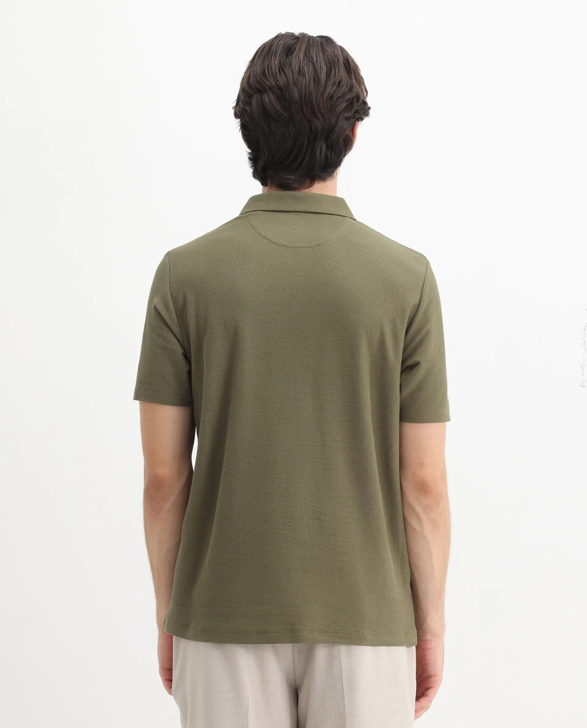 Rare Rabbit Men's Charles Olive Cotton Plain Regular Fit Half Sleeve Polo - Image 8