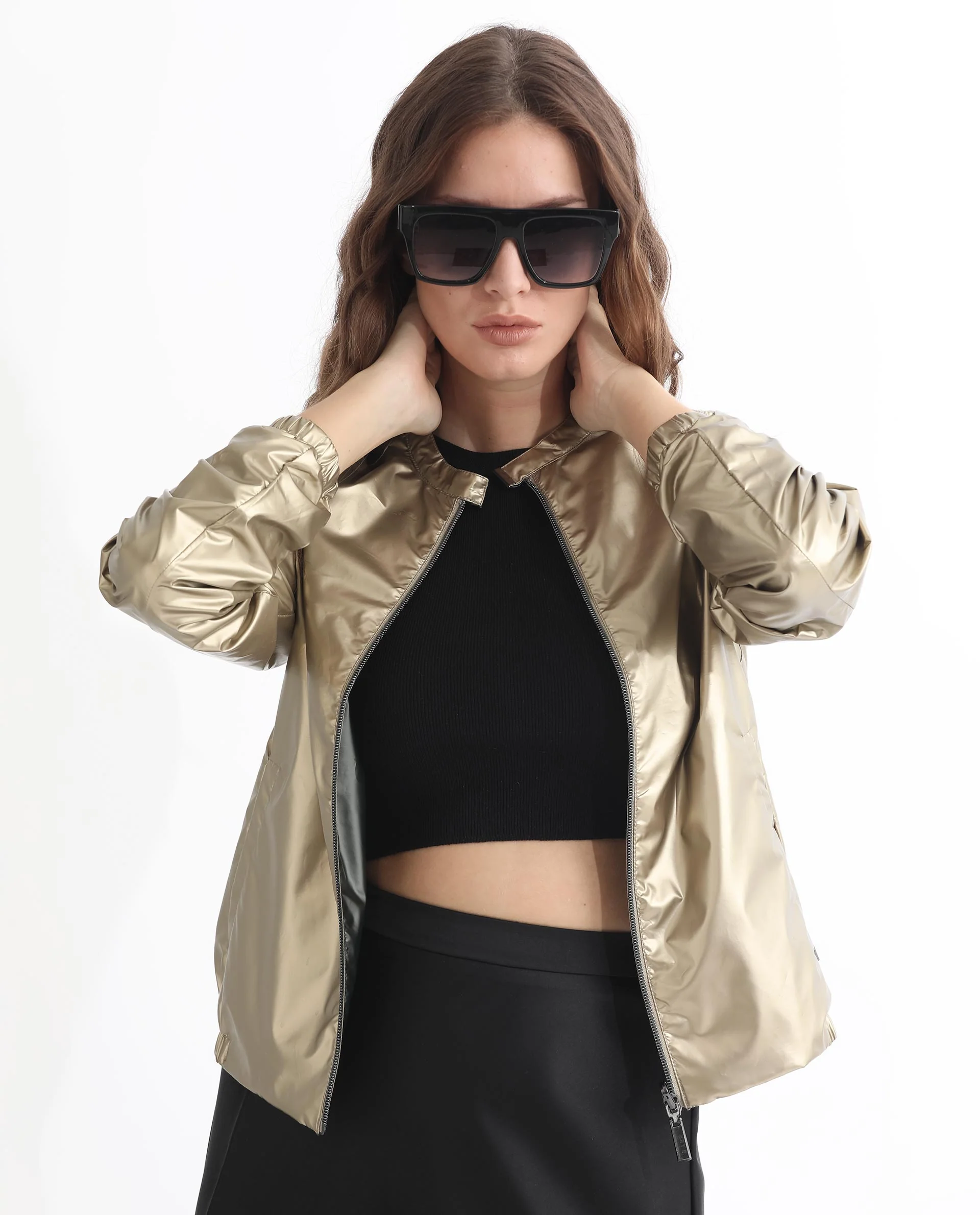 Rareism Women's Charlotte Gold Polyester Mandarin Collar Plain Regular Fit Jacket - Image 10