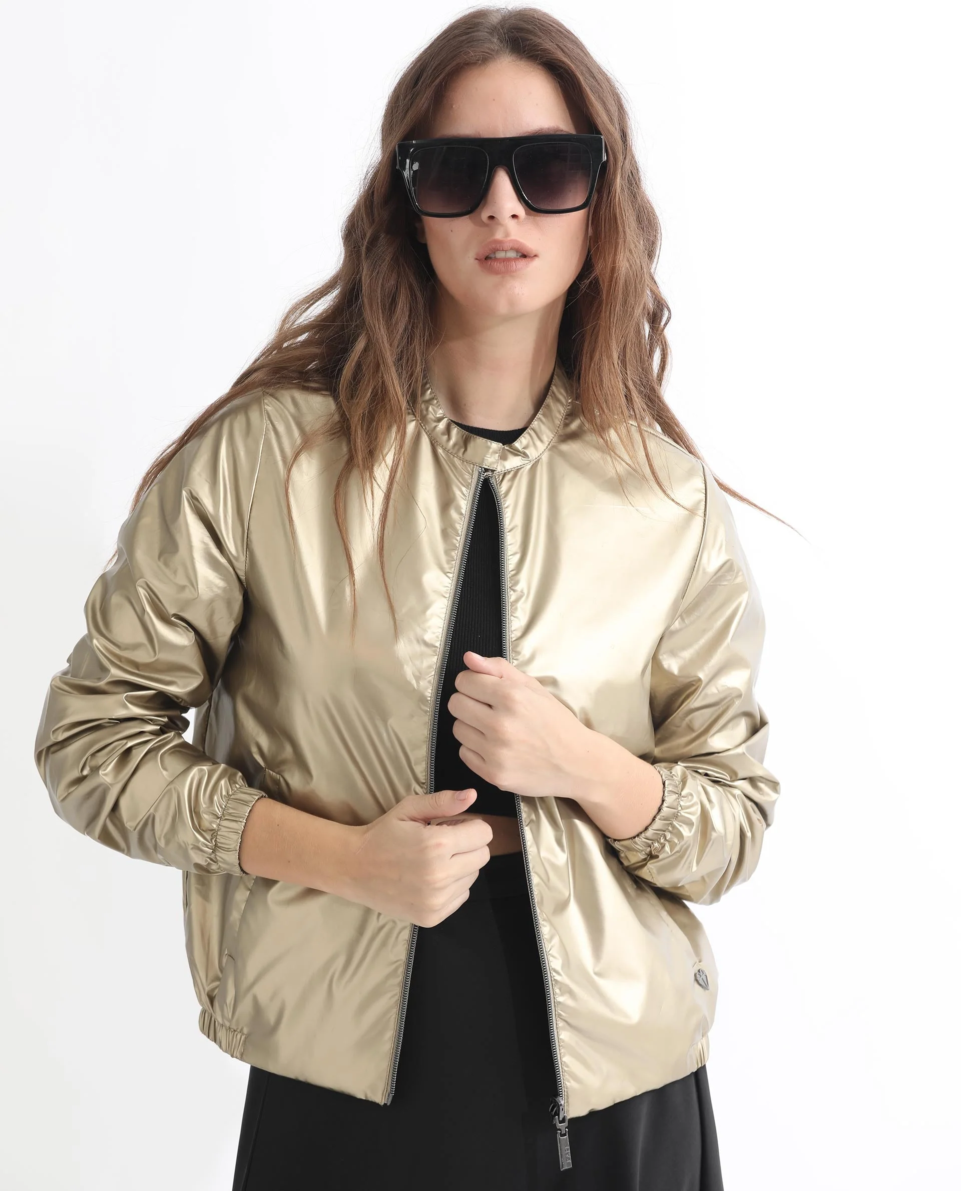 Rareism Women's Charlotte Gold Polyester Mandarin Collar Plain Regular Fit Jacket - Image 11
