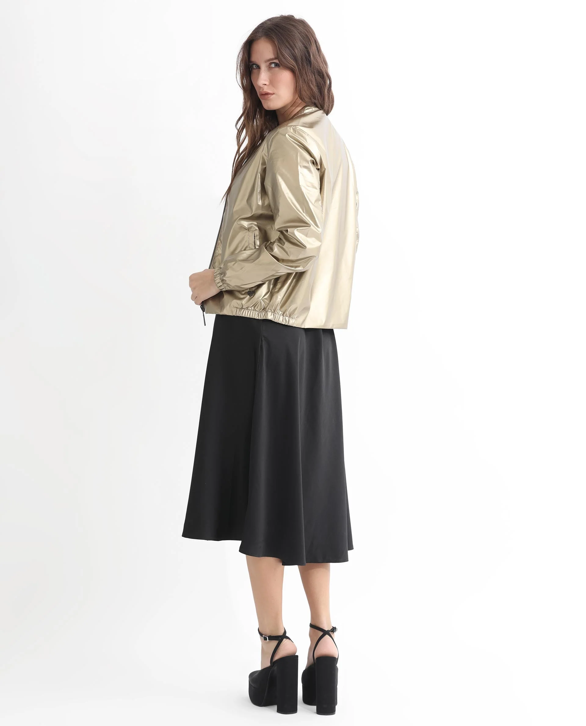 Rareism Women's Charlotte Gold Polyester Mandarin Collar Plain Regular Fit Jacket - Image 18