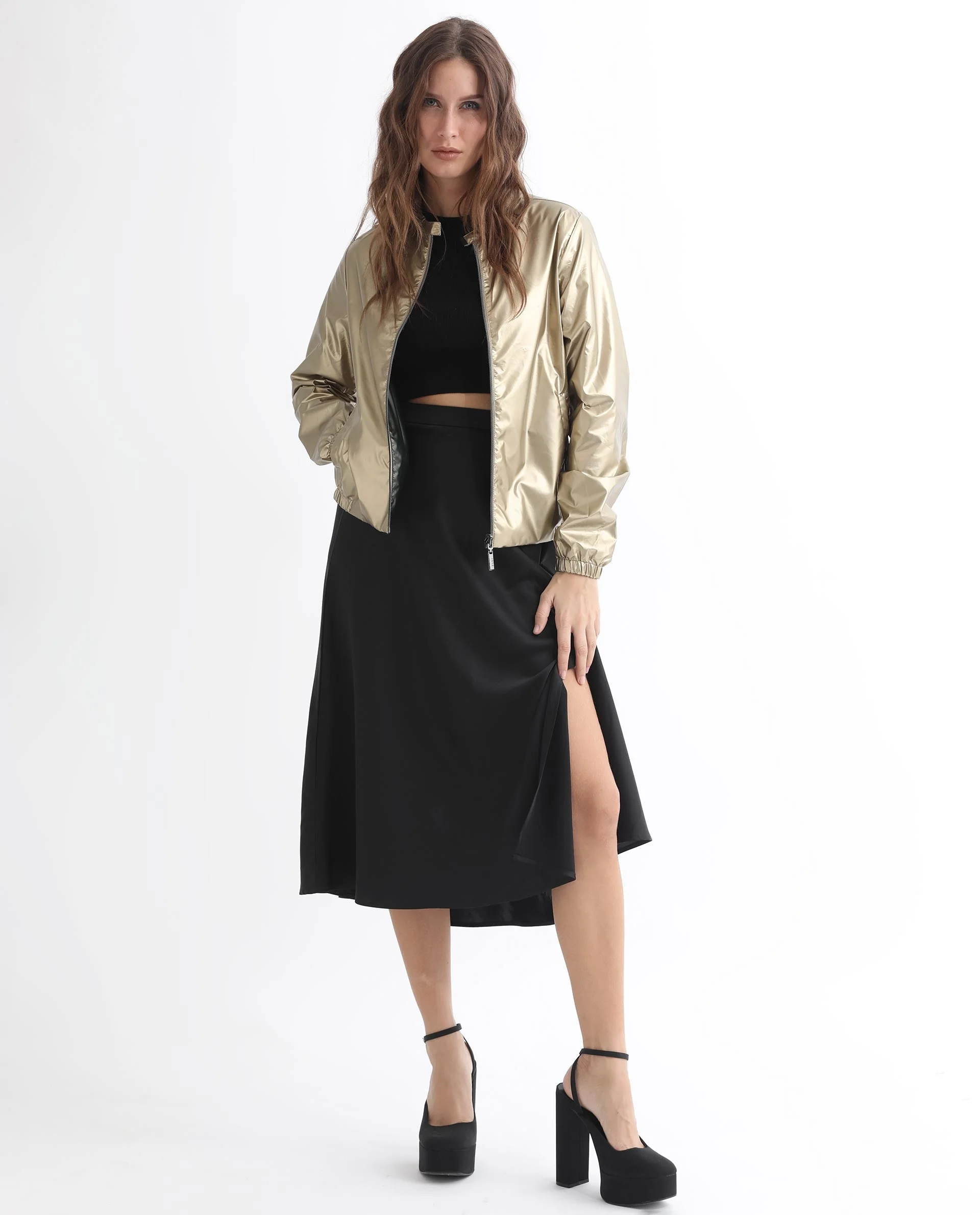 Rareism Women's Charlotte Gold Polyester Mandarin Collar Plain Regular Fit Jacket - Image 2