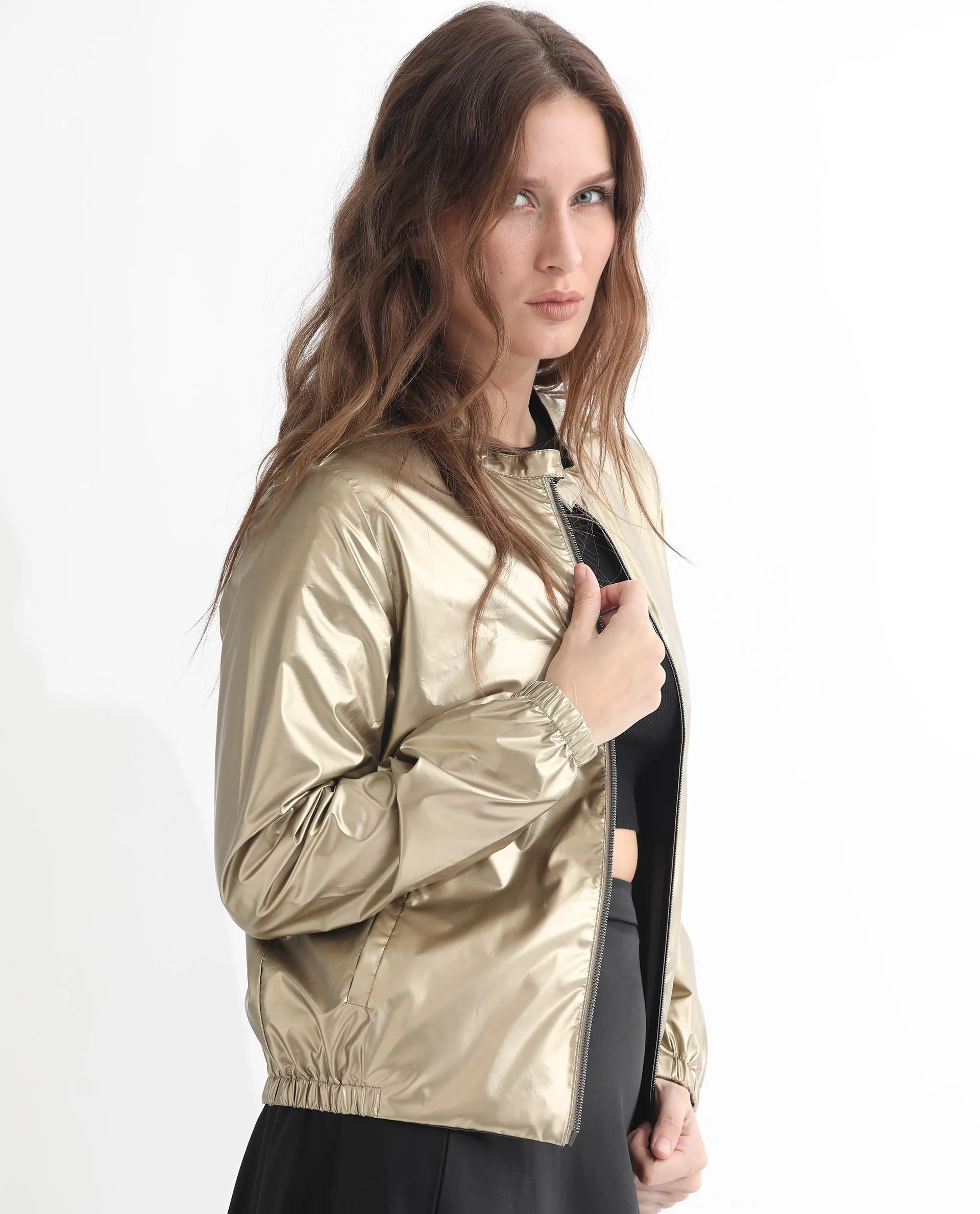 Rareism Women's Charlotte Gold Polyester Mandarin Collar Plain Regular Fit Jacket - Image 22