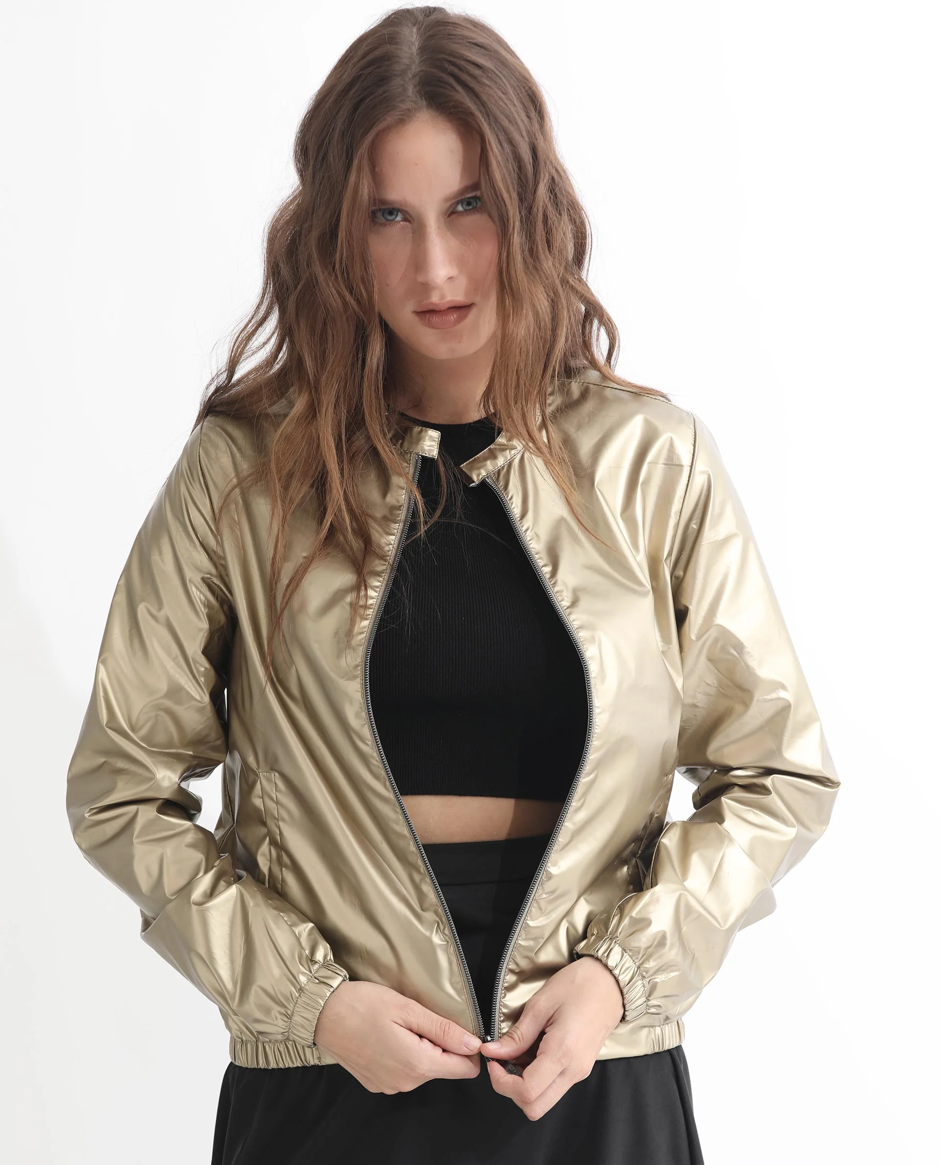 Rareism Women's Charlotte Gold Polyester Mandarin Collar Plain Regular Fit Jacket - Image 23
