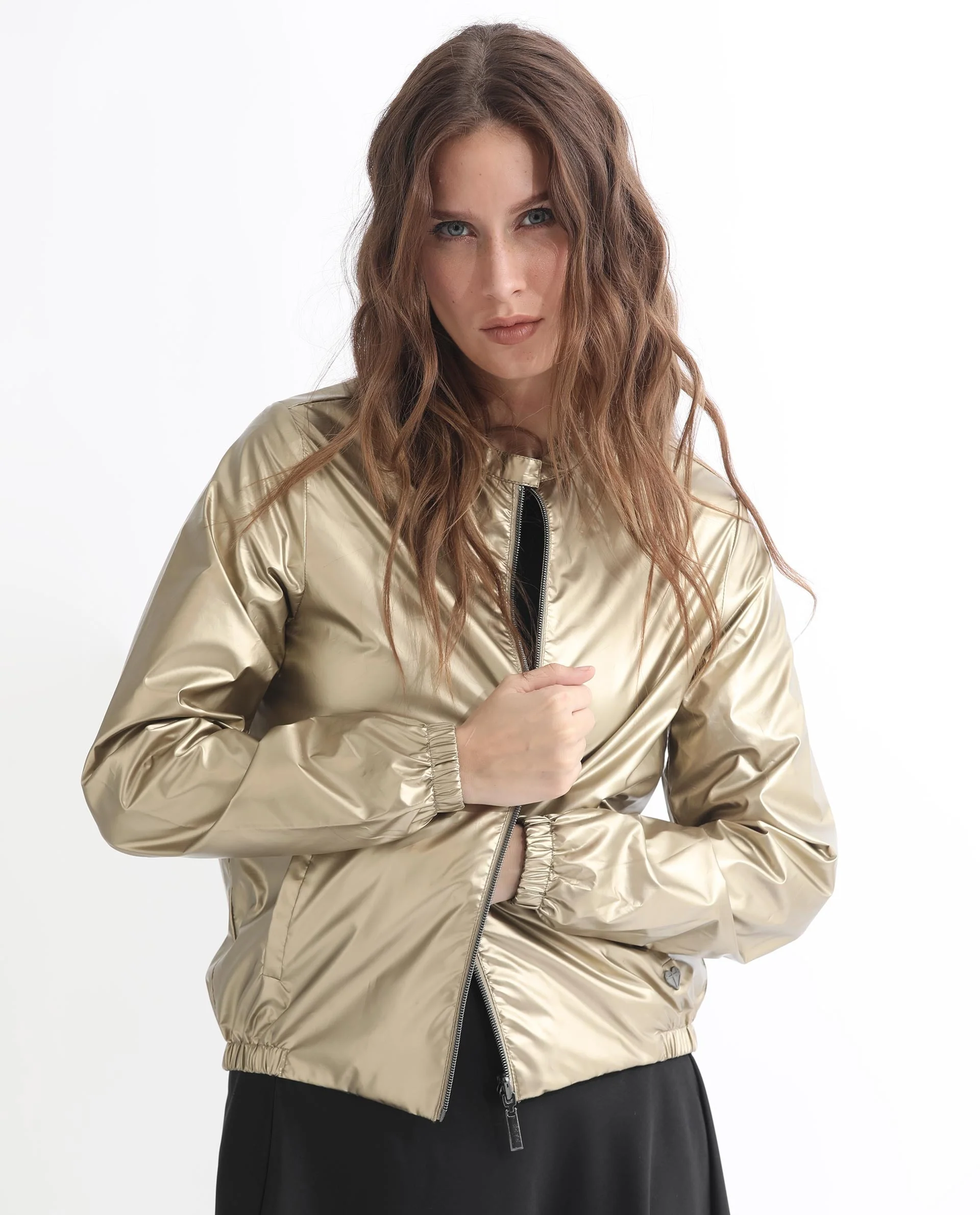 Rareism Women's Charlotte Gold Polyester Mandarin Collar Plain Regular Fit Jacket - Image 3
