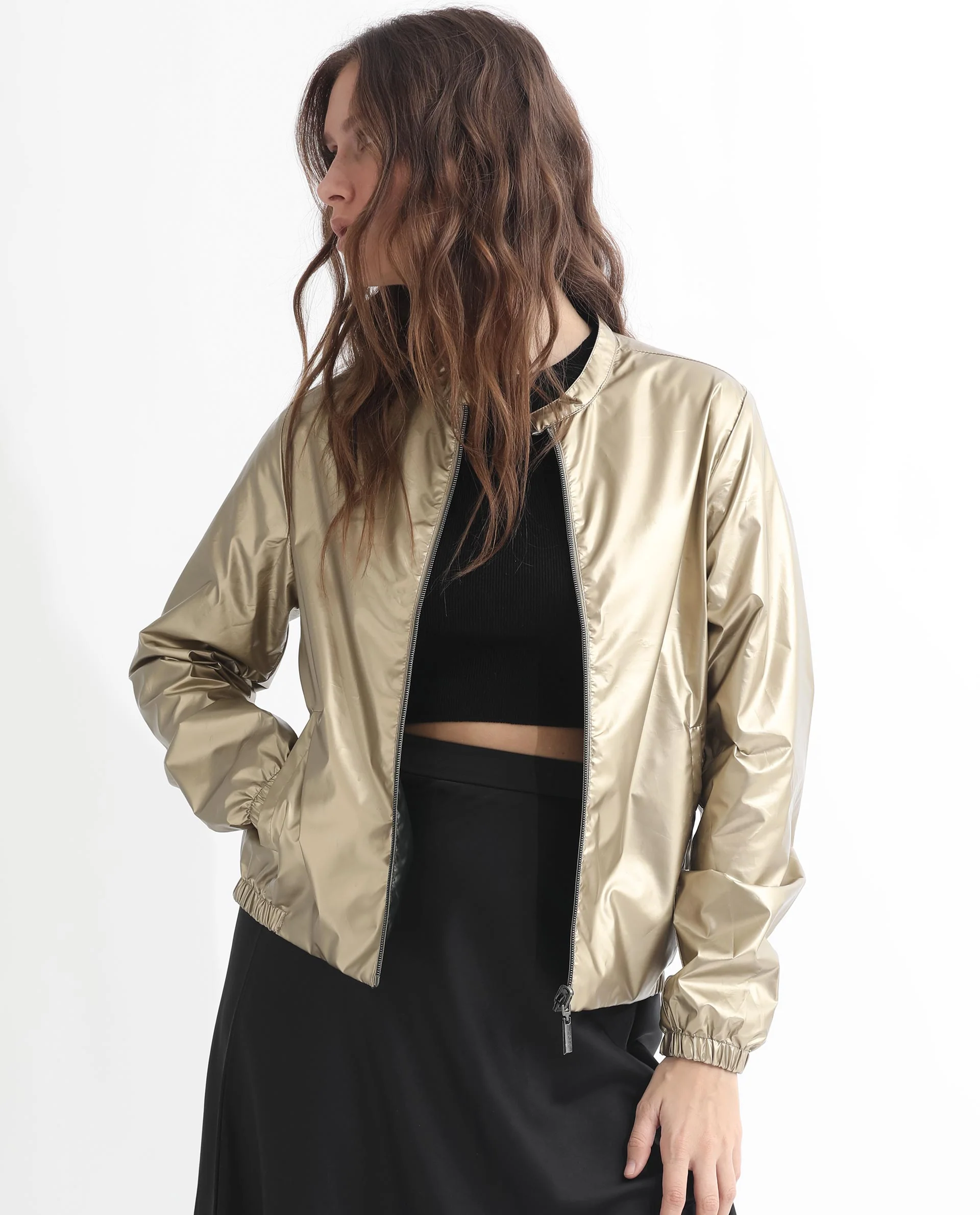 Rareism Women's Charlotte Gold Polyester Mandarin Collar Plain Regular Fit Jacket - Image 4
