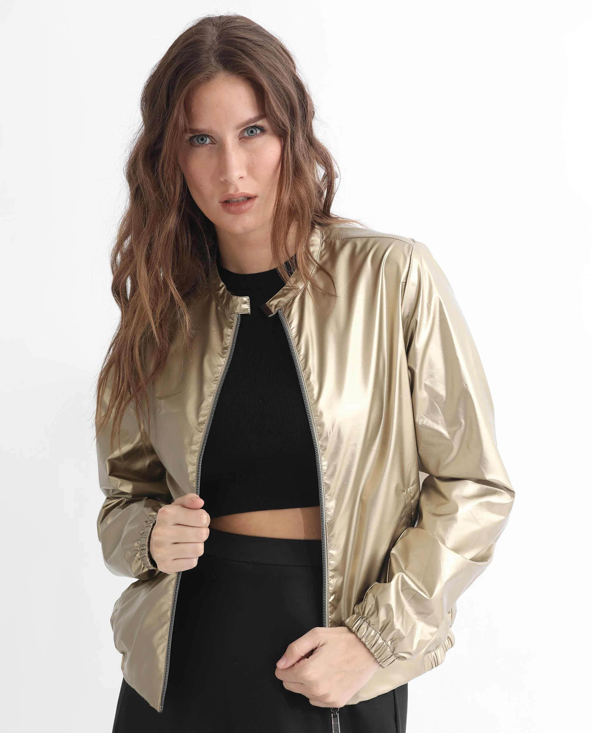Rareism Women's Charlotte Gold Polyester Mandarin Collar Plain Regular Fit Jacket - Image 9