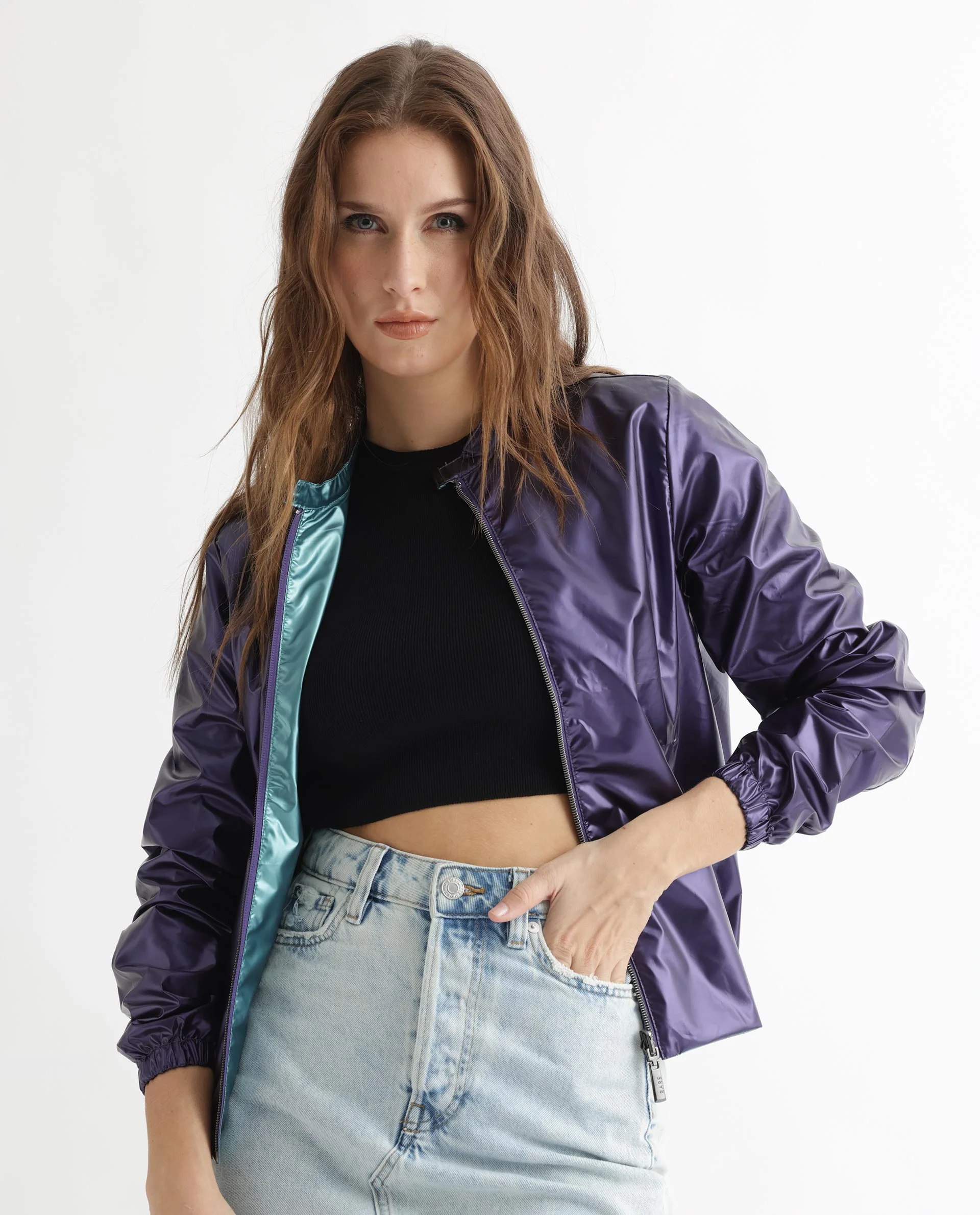 Rareism Women's Charlotte Purple Polyester Mandarin Collar Plain Regular Fit Jacket - Image 7