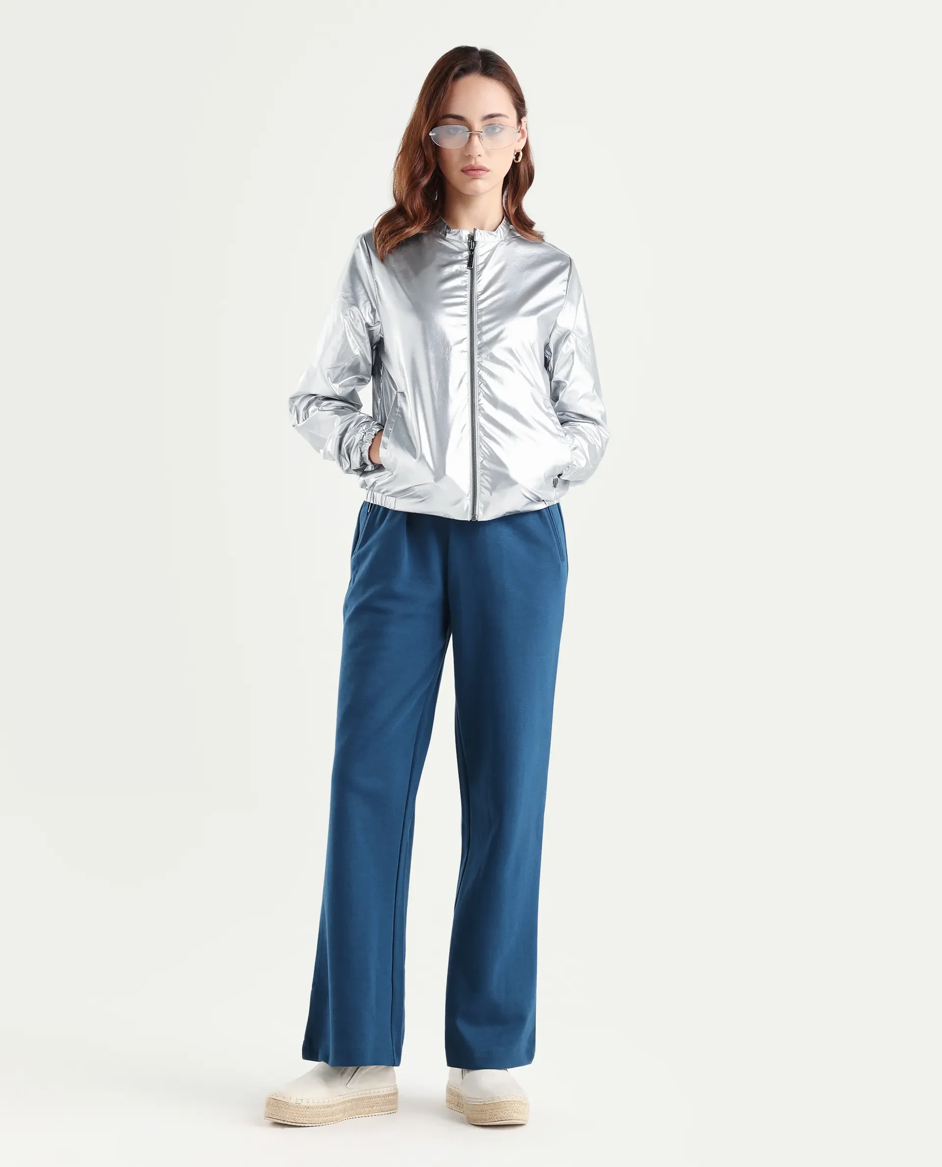 Rareism Women's Charlotte Silver Polyester Mandarin Collar Plain Regular Fit Jacket - Image 2