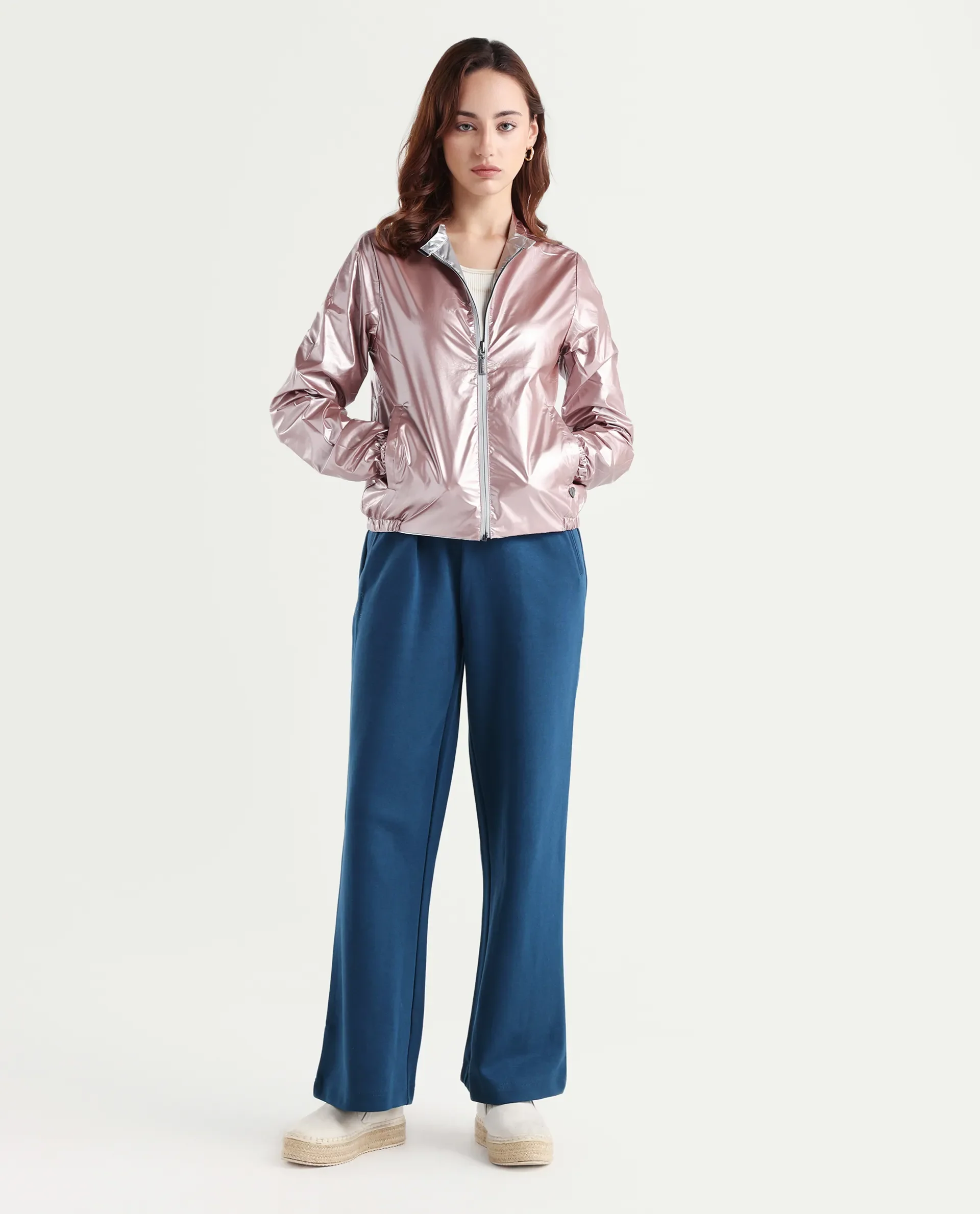 Rareism Women's Charlotte Silver Polyester Mandarin Collar Plain Regular Fit Jacket - Image 3