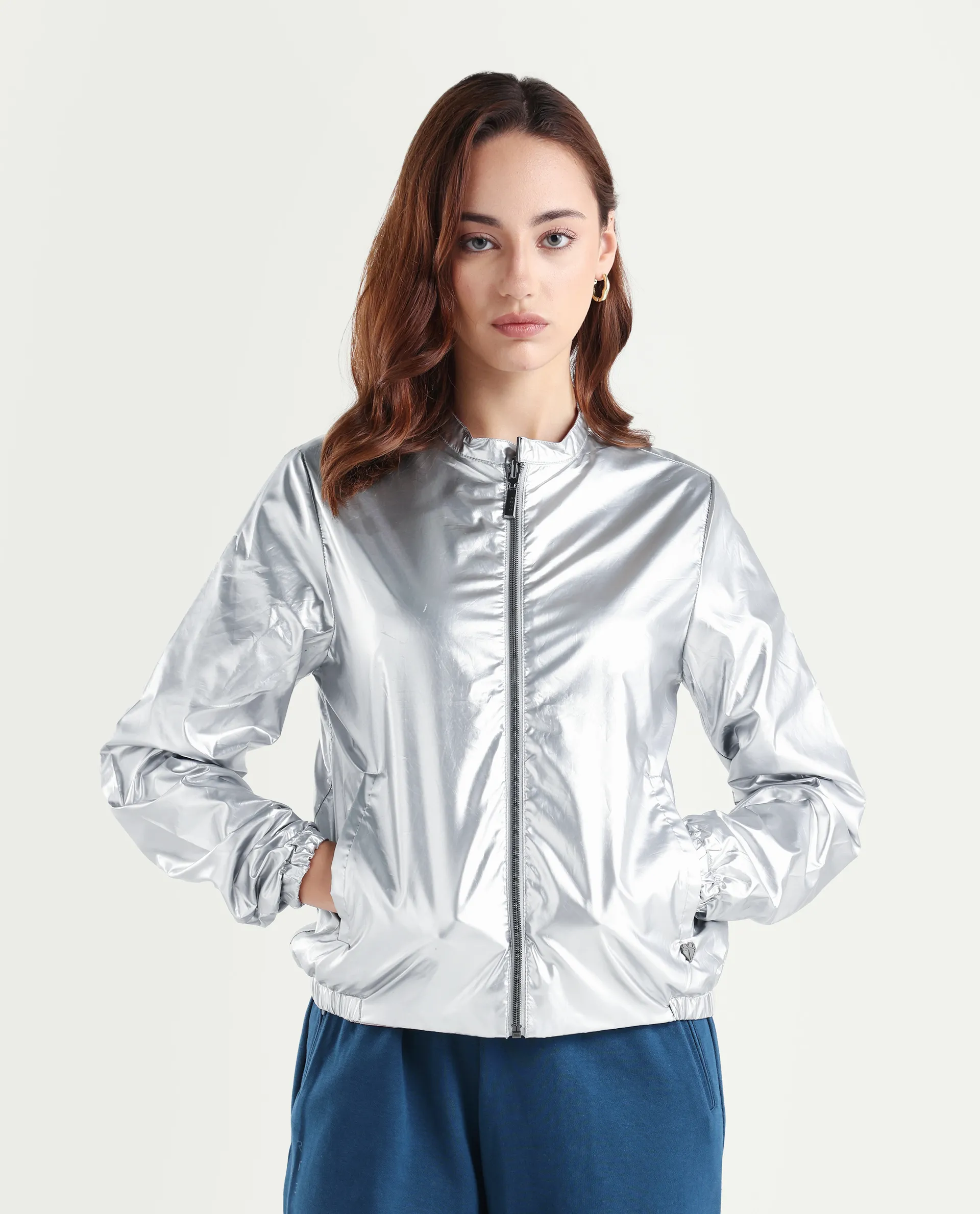 Rareism Women's Charlotte Silver Polyester Mandarin Collar Plain Regular Fit Jacket - Image 4
