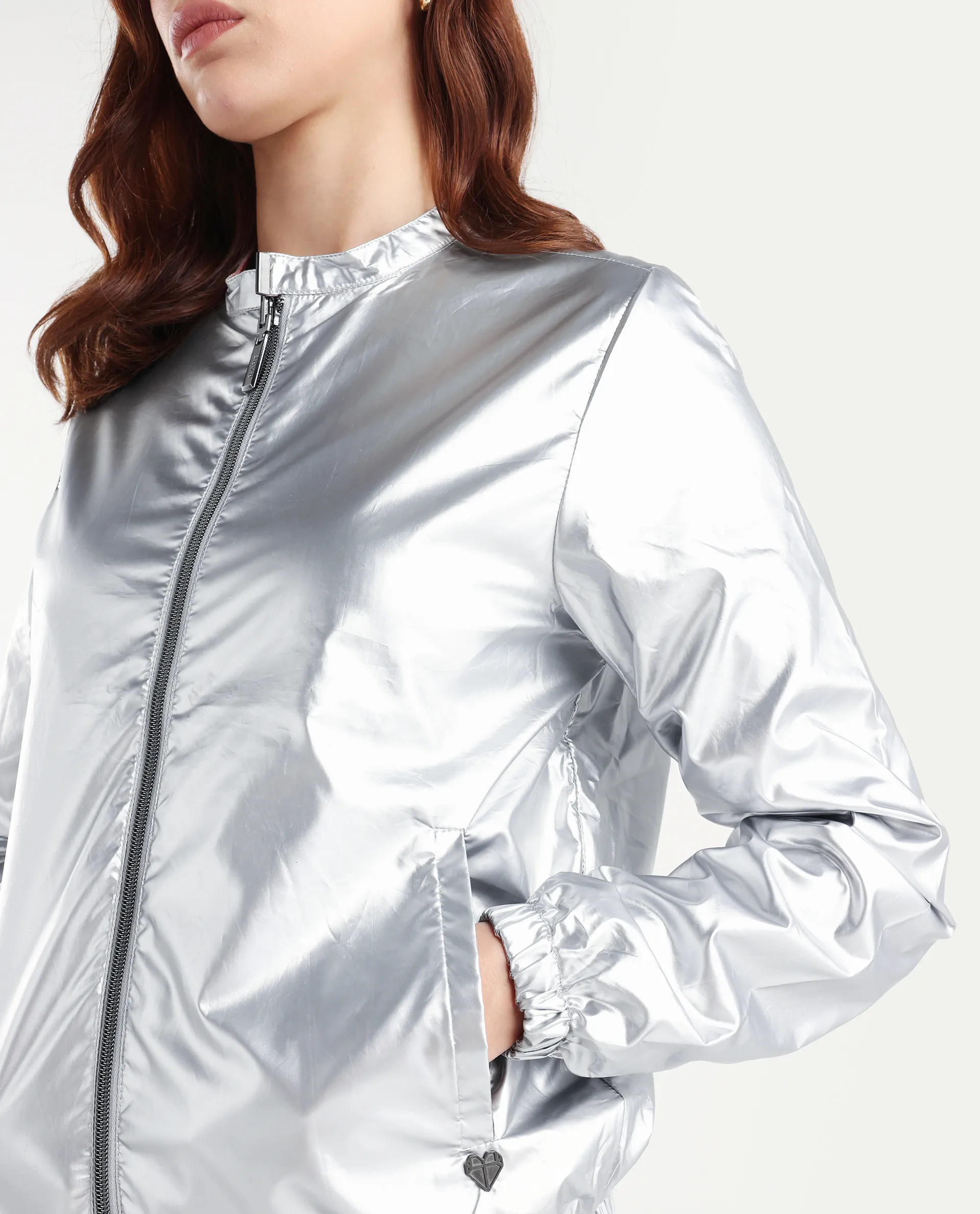 Rareism Women's Charlotte Silver Polyester Mandarin Collar Plain Regular Fit Jacket - Image 5
