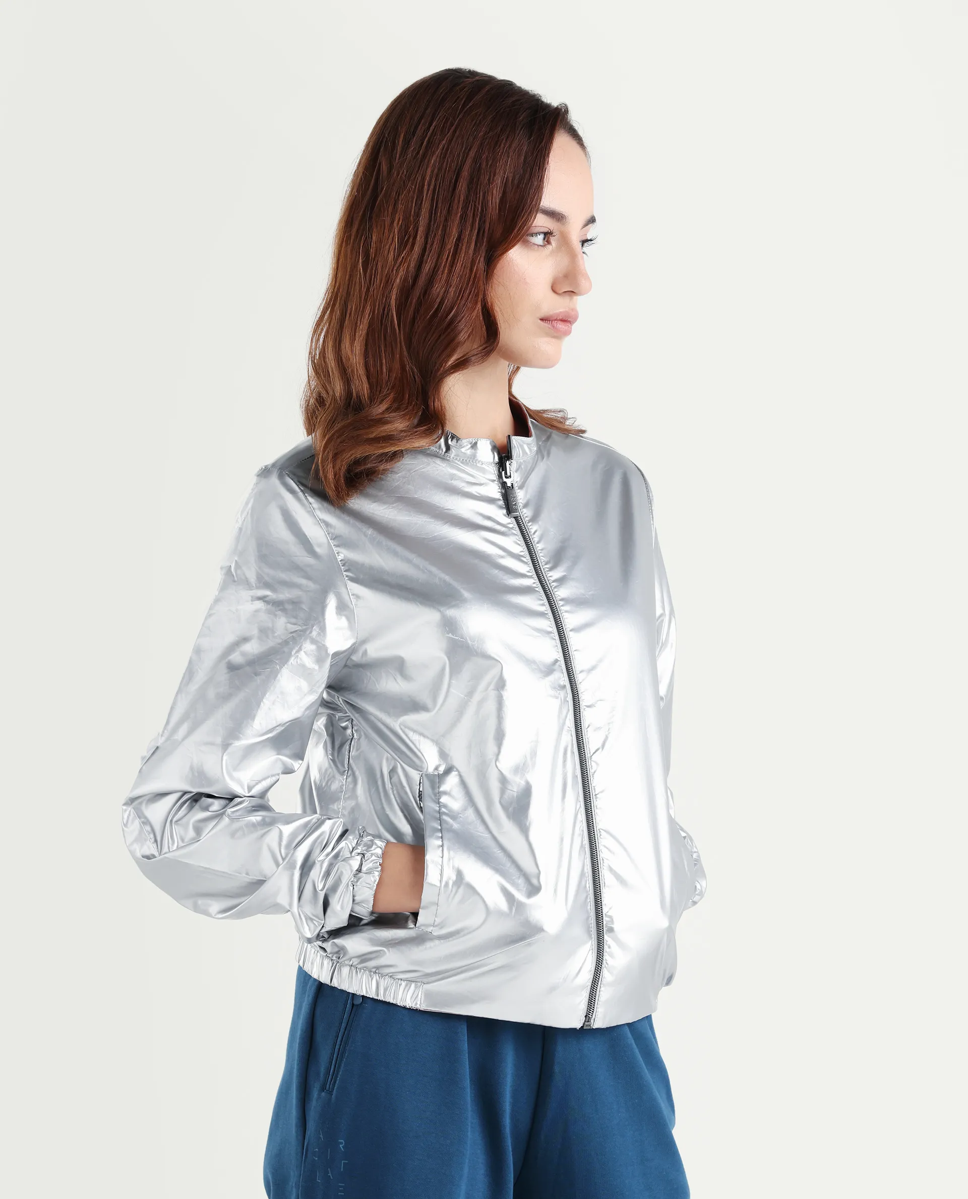 Rareism Women's Charlotte Silver Polyester Mandarin Collar Plain Regular Fit Jacket - Image 6