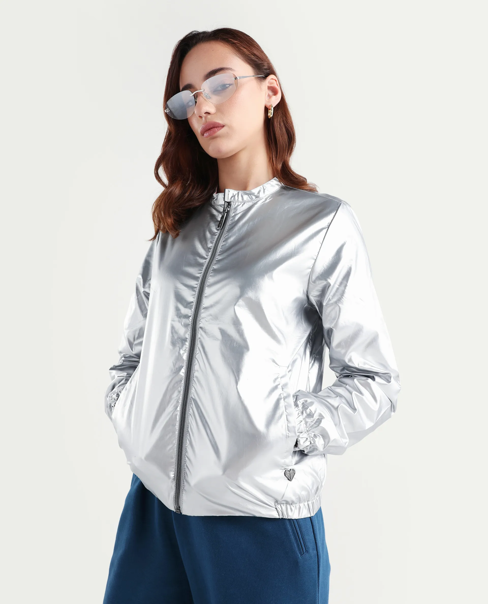 Rareism Women's Charlotte Silver Polyester Mandarin Collar Plain Regular Fit Jacket - Image 7