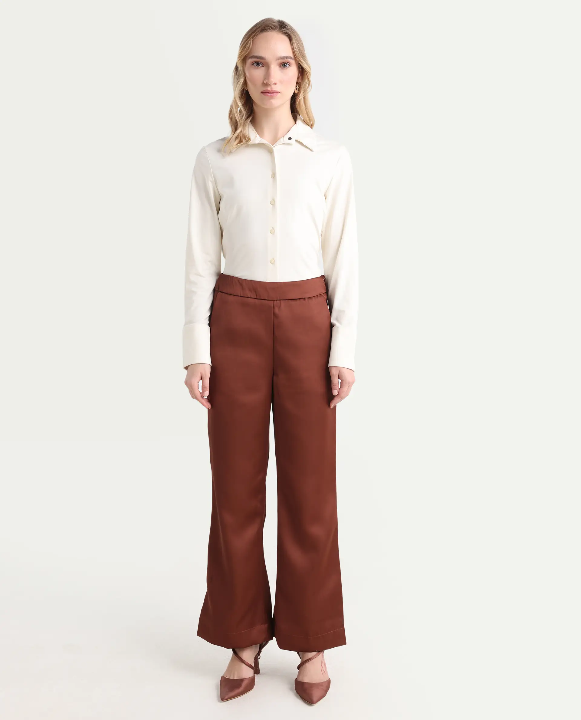Rareism Women's Charo Brown Polyester Plain Ankle Length Tailored Trouser - Image 3