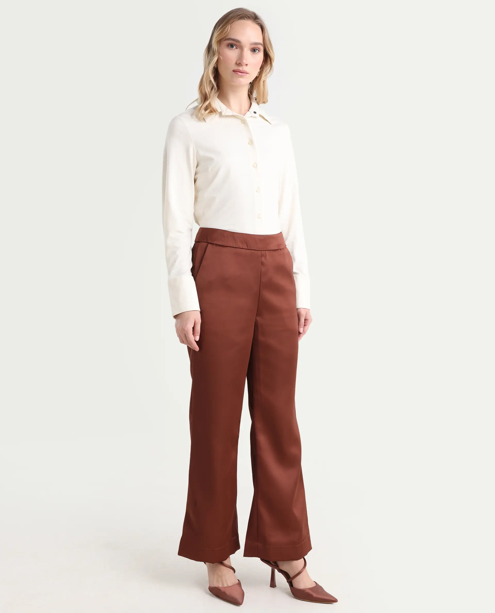Rareism Women's Charo Brown Polyester Plain Ankle Length Tailored Trouser - Image 5