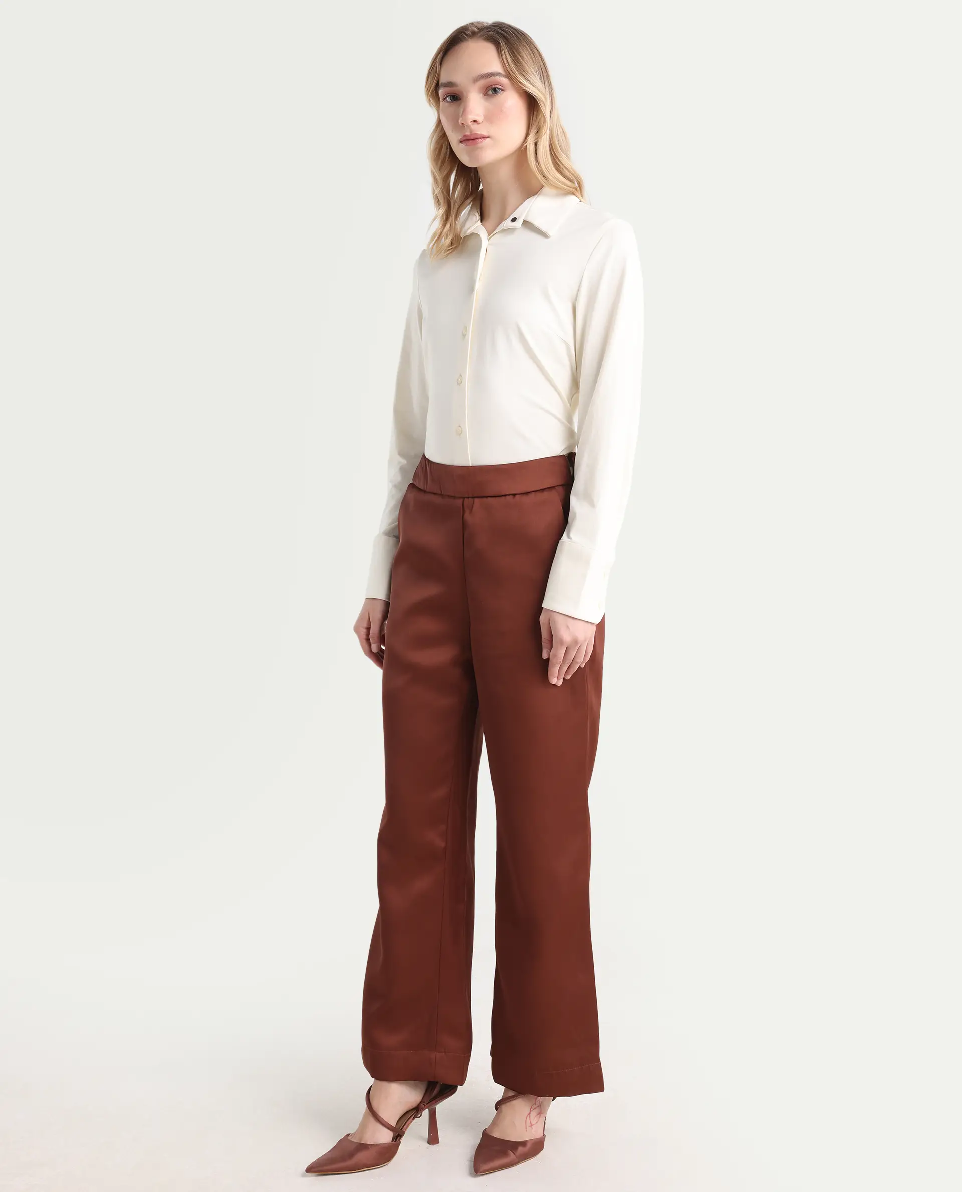 Rareism Women's Charo Brown Polyester Plain Ankle Length Tailored Trouser - Image 6