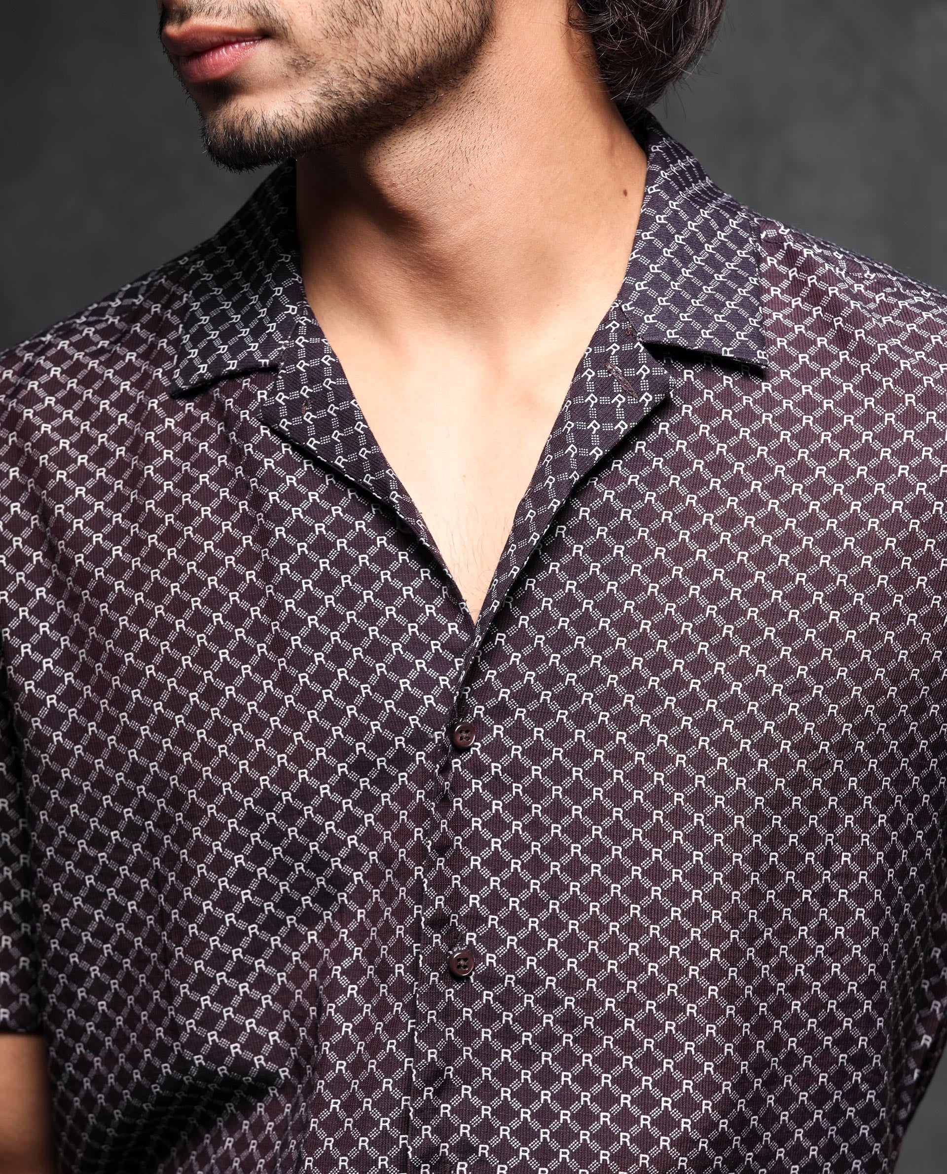 Rare Rabbit Men's Chart Brown Viscose Monogram Print Regular Fit Half Sleeve Cuban Collar Shirt - Image 3