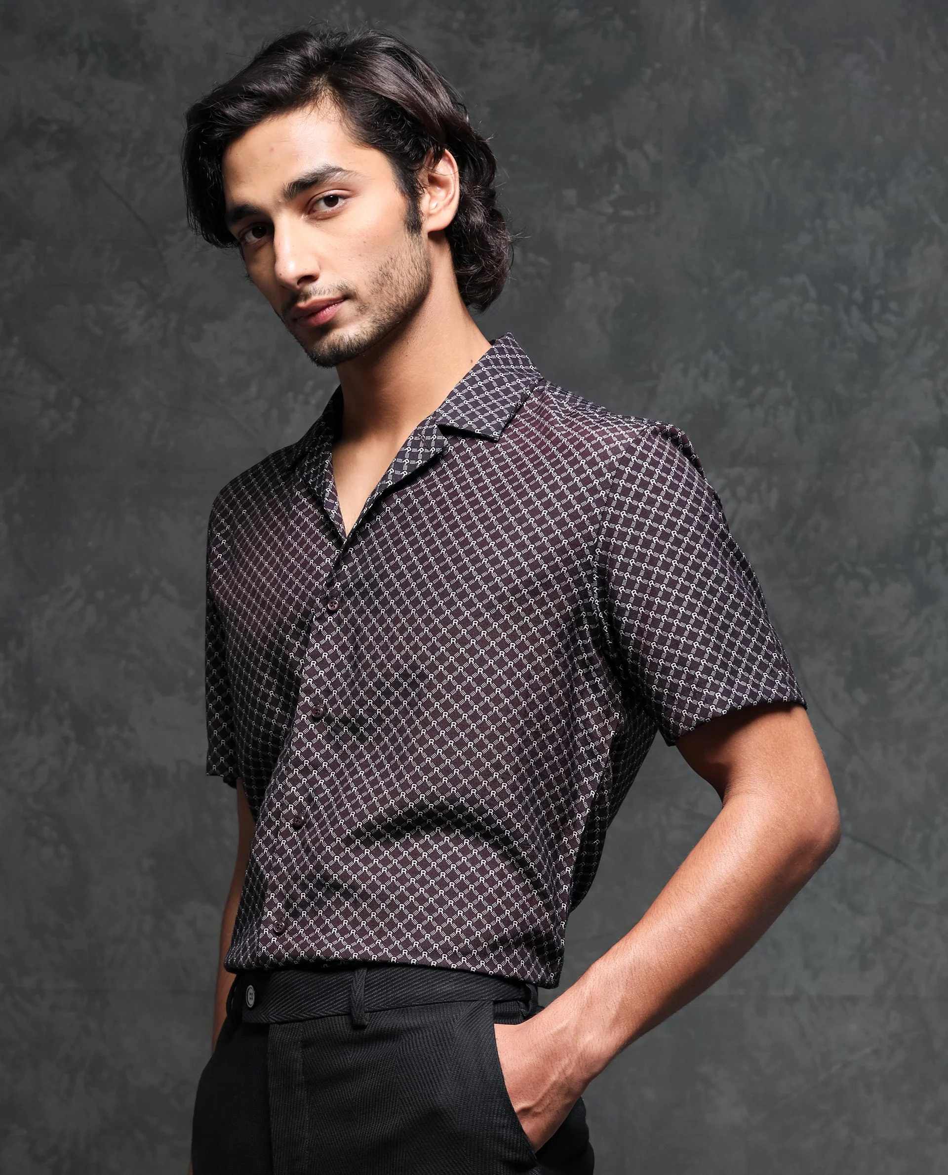 Rare Rabbit Men's Chart Brown Viscose Monogram Print Regular Fit Half Sleeve Cuban Collar Shirt - Image 4