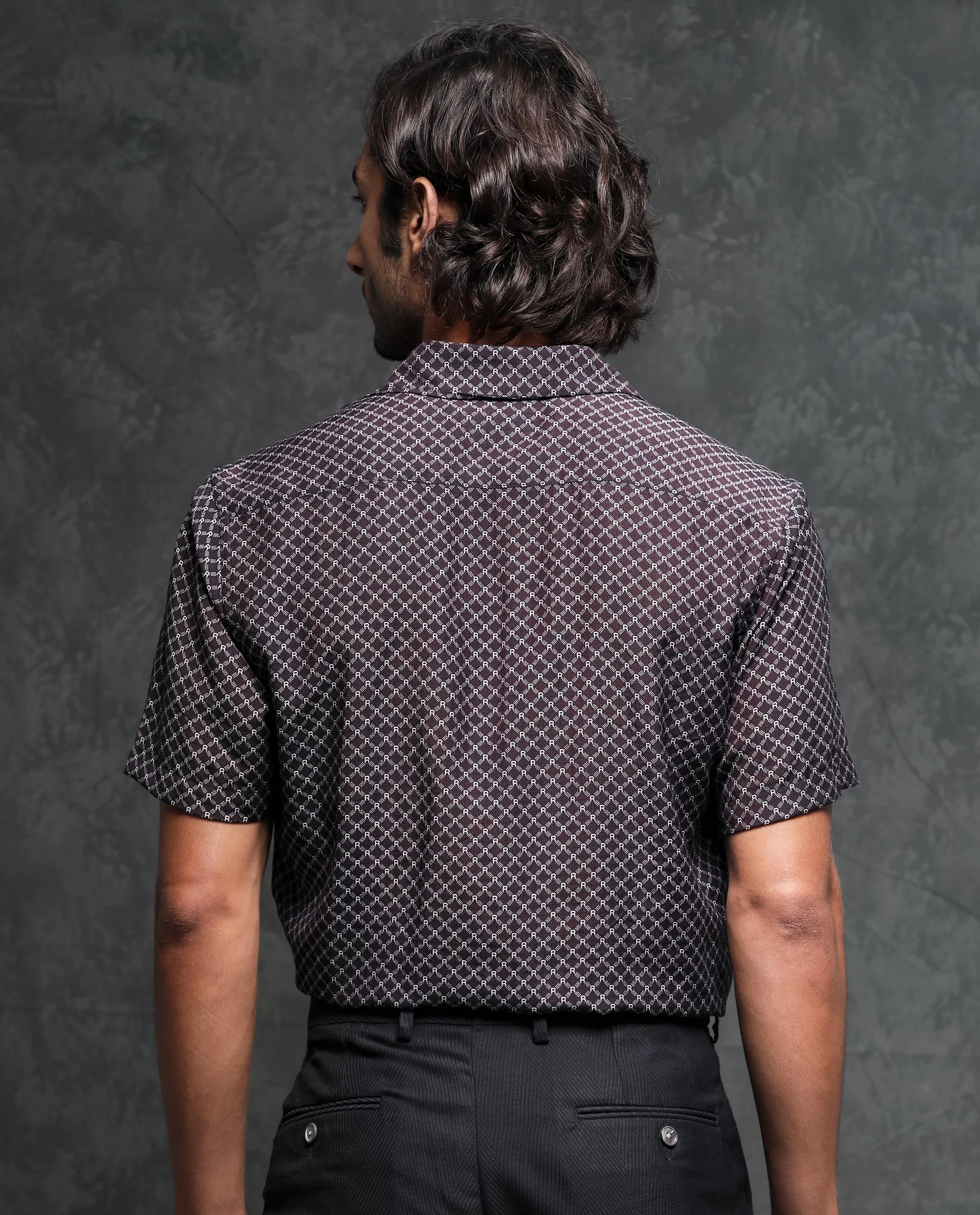 Rare Rabbit Men's Chart Brown Viscose Monogram Print Regular Fit Half Sleeve Cuban Collar Shirt - Image 8
