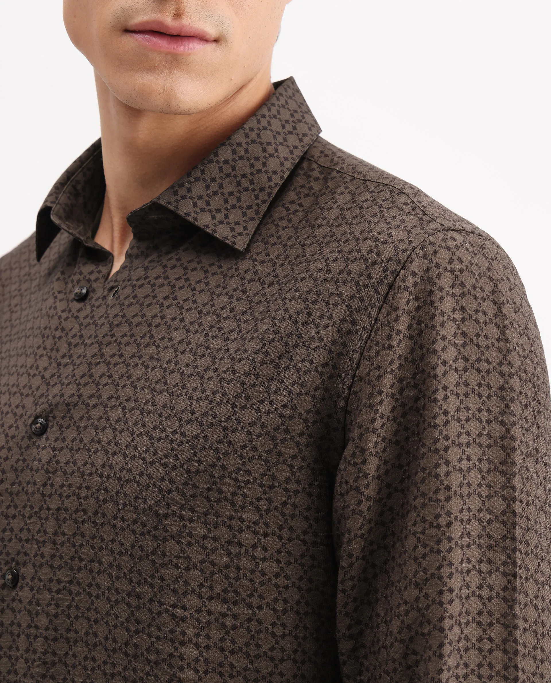 Rare Rabbit Men's Chas Brown Viscose Blend Monogram Print Regular Fit Full Sleeve Collared Shirt - Image 3