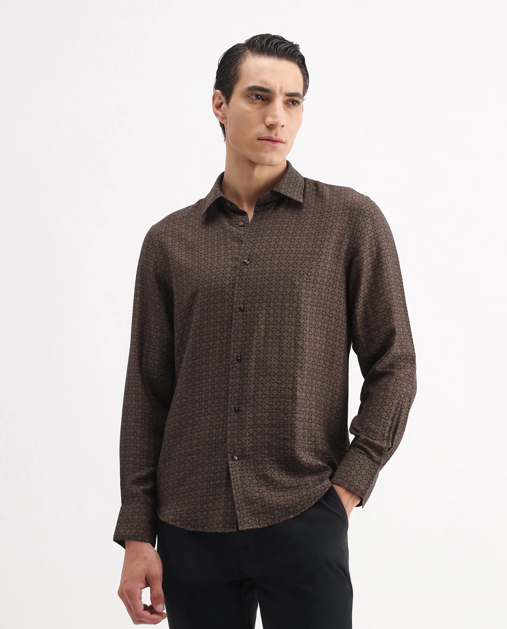 Rare Rabbit Men's Chas Brown Viscose Blend Monogram Print Regular Fit Full Sleeve Collared Shirt - Image 4
