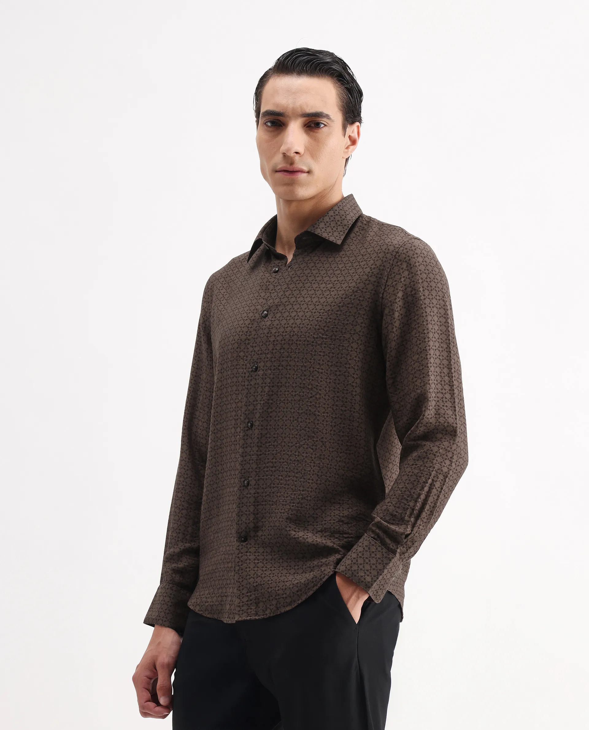 Rare Rabbit Men's Chas Brown Viscose Blend Monogram Print Regular Fit Full Sleeve Collared Shirt - Image 5