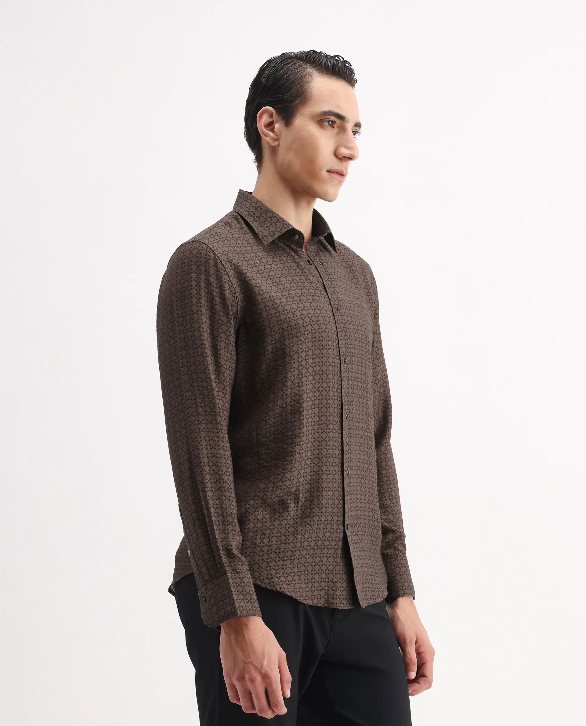 Rare Rabbit Men's Chas Brown Viscose Blend Monogram Print Regular Fit Full Sleeve Collared Shirt - Image 6
