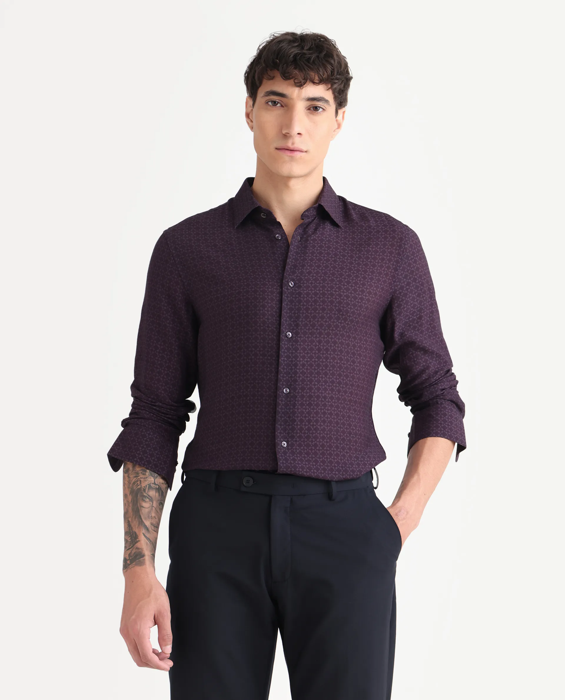 Rare Rabbit Men's Chas Dusky Purple Viscose Blend Monogram Print Regular Fit Full Sleeve Collared Shirt - Image 4