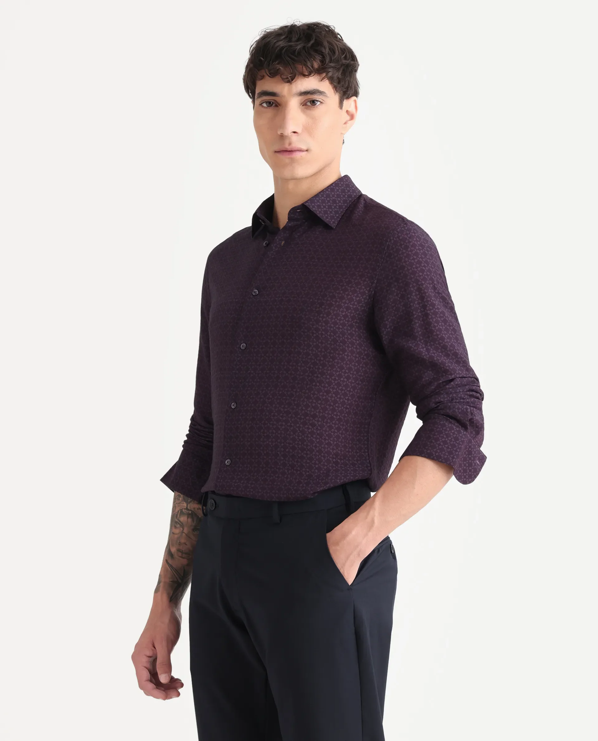 Rare Rabbit Men's Chas Dusky Purple Viscose Blend Monogram Print Regular Fit Full Sleeve Collared Shirt - Image 5