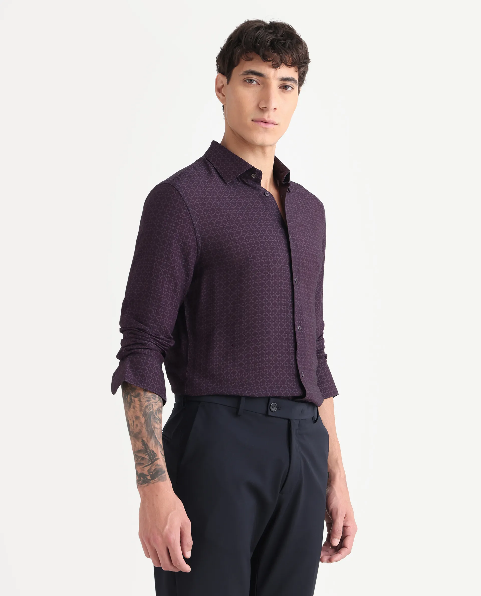 Rare Rabbit Men's Chas Dusky Purple Viscose Blend Monogram Print Regular Fit Full Sleeve Collared Shirt - Image 6