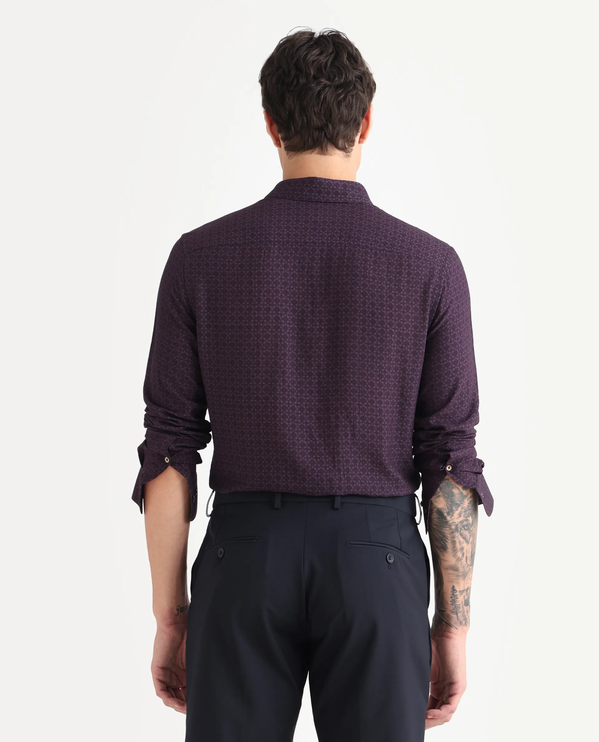Rare Rabbit Men's Chas Dusky Purple Viscose Blend Monogram Print Regular Fit Full Sleeve Collared Shirt - Image 7