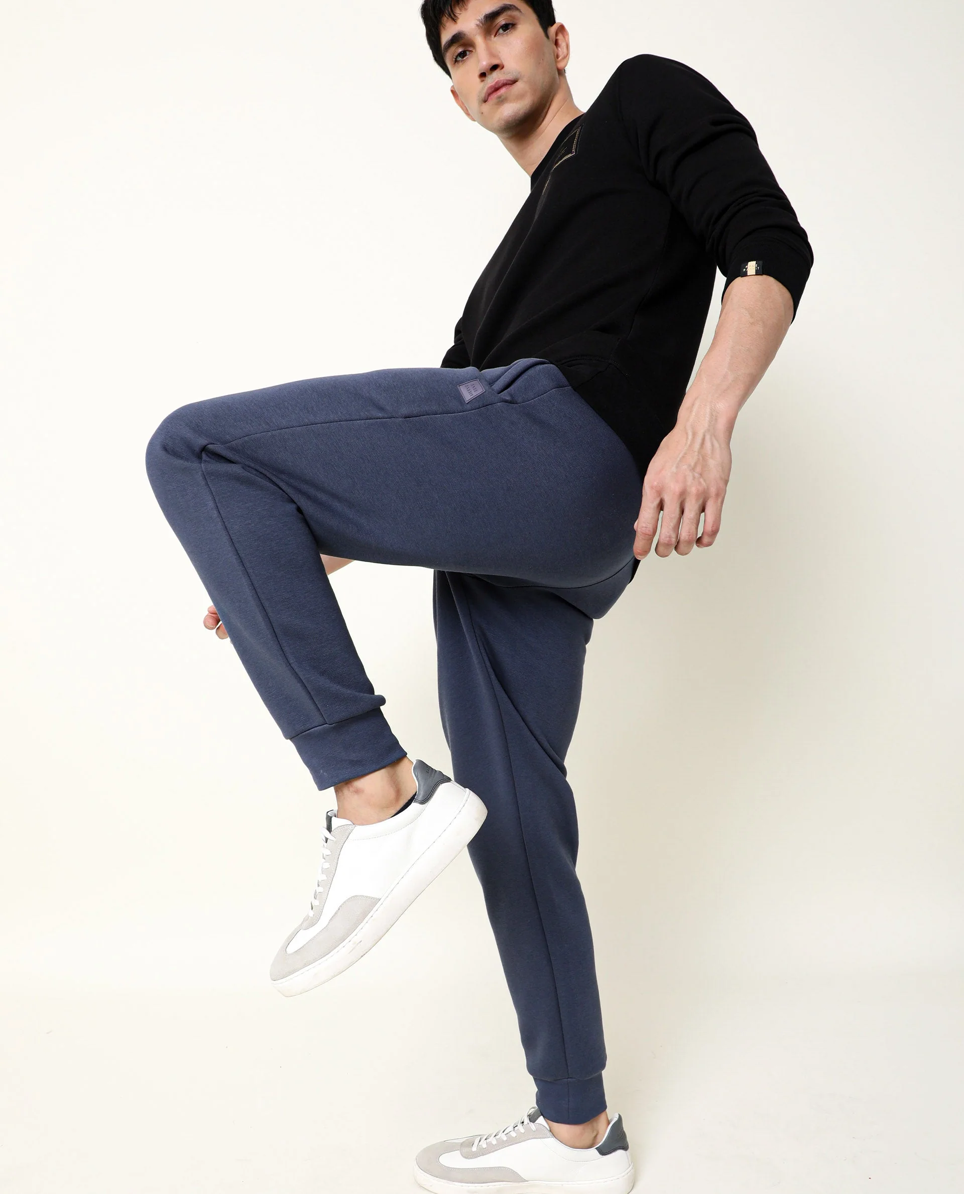 Rare Rabbit Men's Chase Blue Cotton Plain Regular Fit Track Pant - Image 2