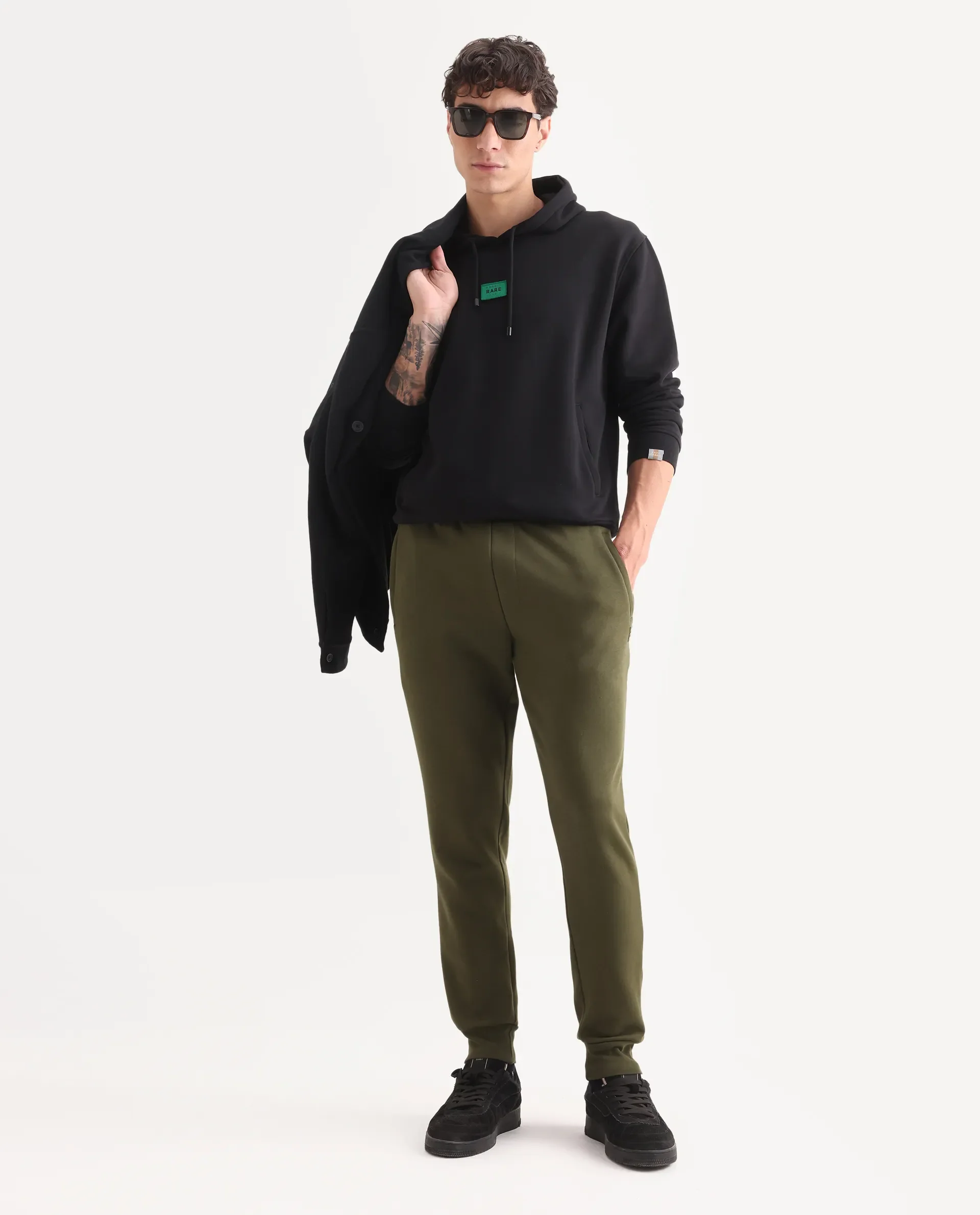 Rare Rabbit Men's Chase Olive Cotton Plain Regular Fit Jogger