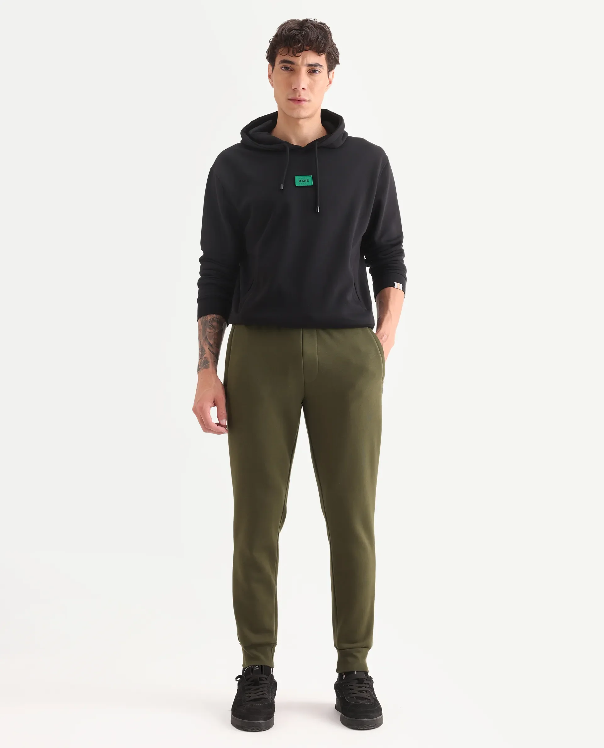 Rare Rabbit Men's Chase Olive Cotton Plain Regular Fit Jogger - Image 2