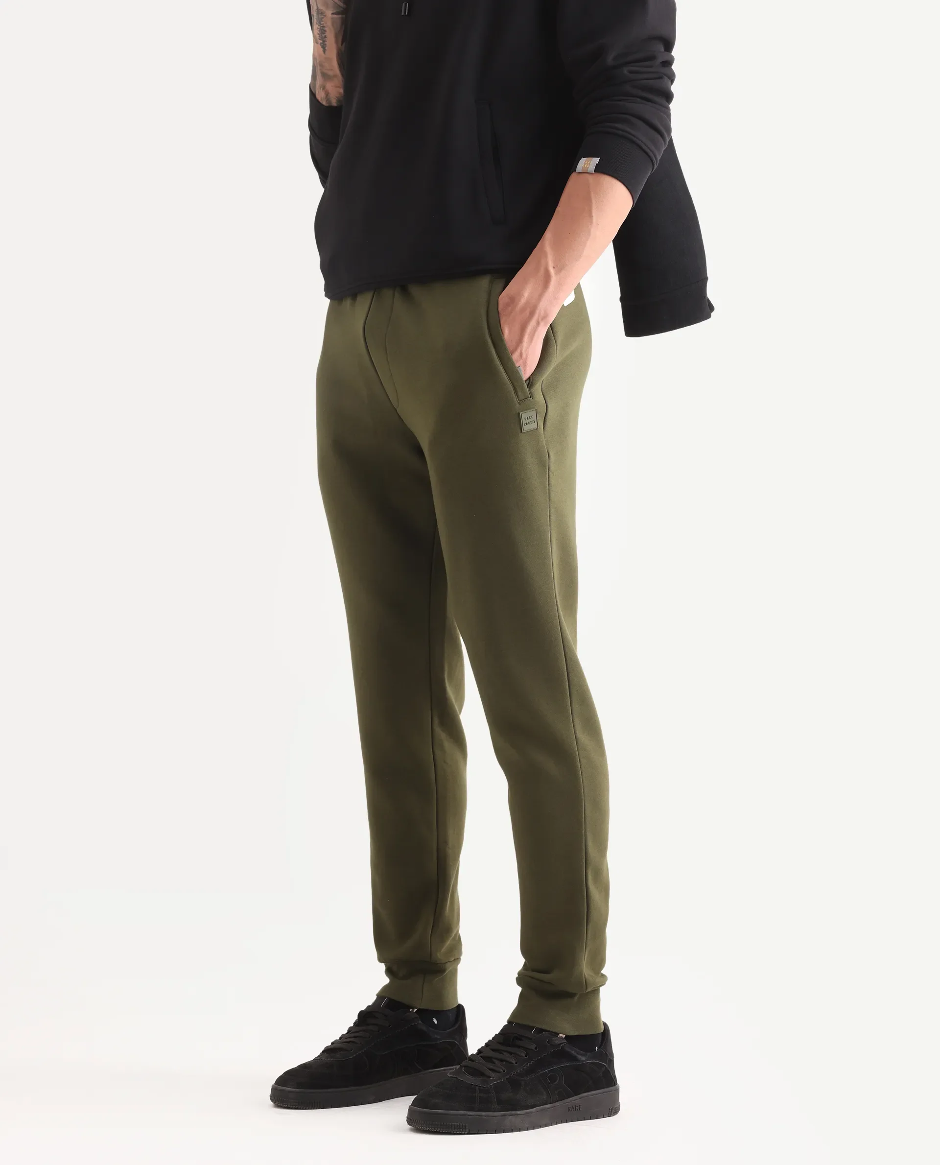 Rare Rabbit Men's Chase Olive Cotton Plain Regular Fit Jogger - Image 3