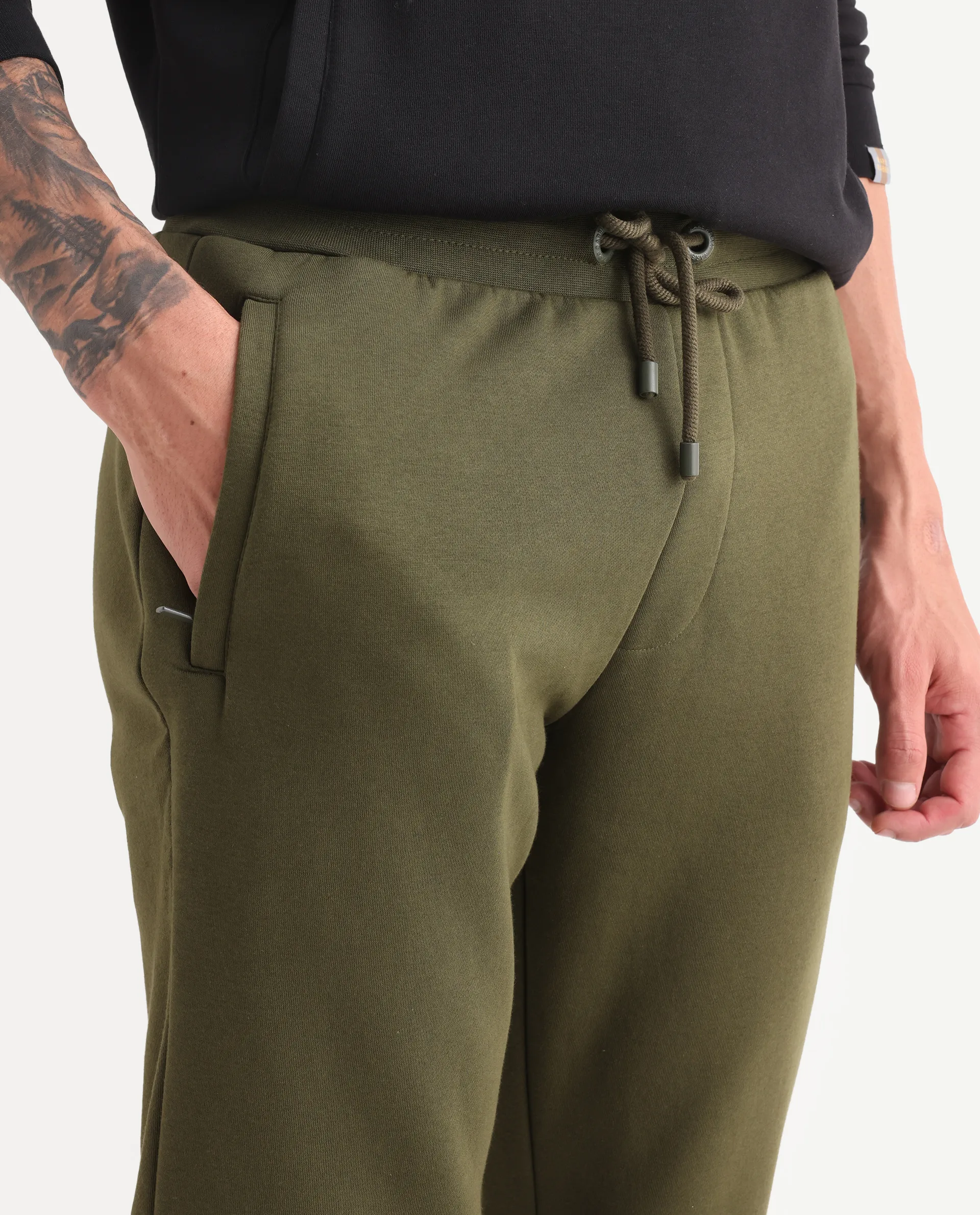 Rare Rabbit Men's Chase Olive Cotton Plain Regular Fit Jogger - Image 4
