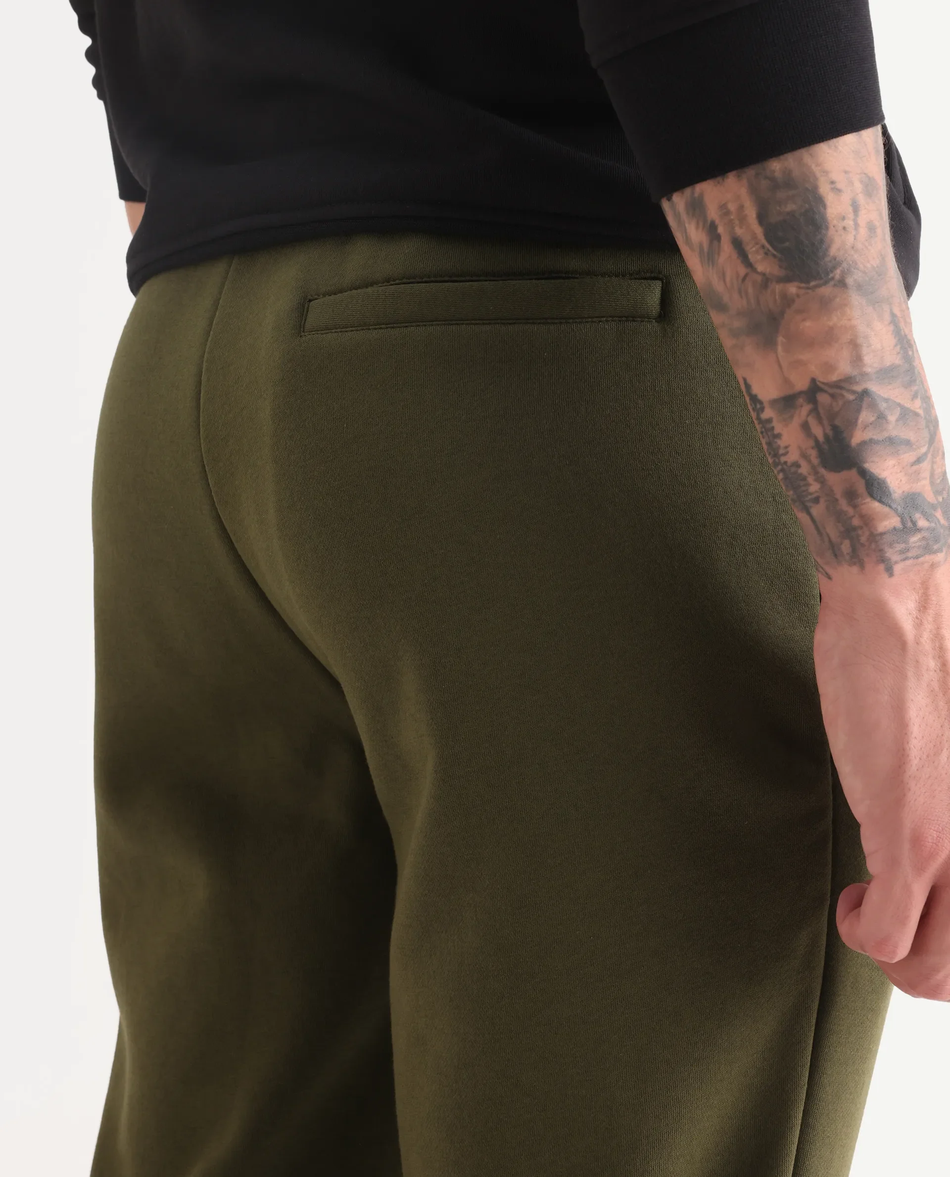 Rare Rabbit Men's Chase Olive Cotton Plain Regular Fit Jogger - Image 5