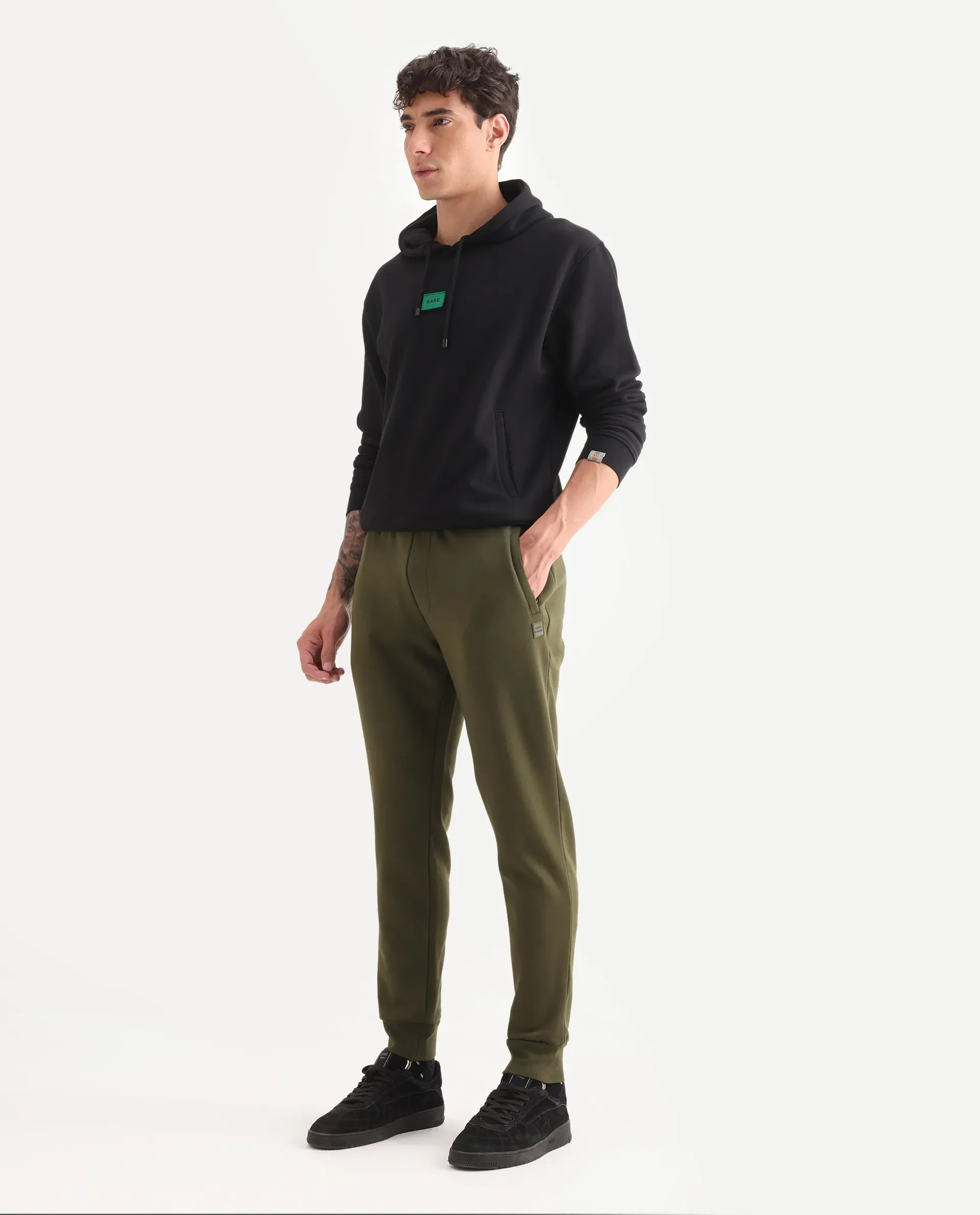 Rare Rabbit Men's Chase Olive Cotton Plain Regular Fit Jogger - Image 6